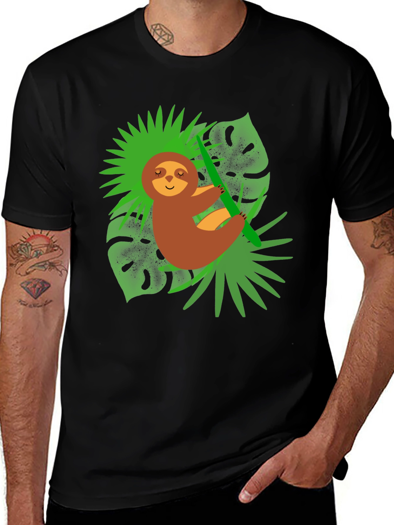 Variant 7 of Sloth & Tropical Leaves Graphic Tee - Fun Casual Shirt