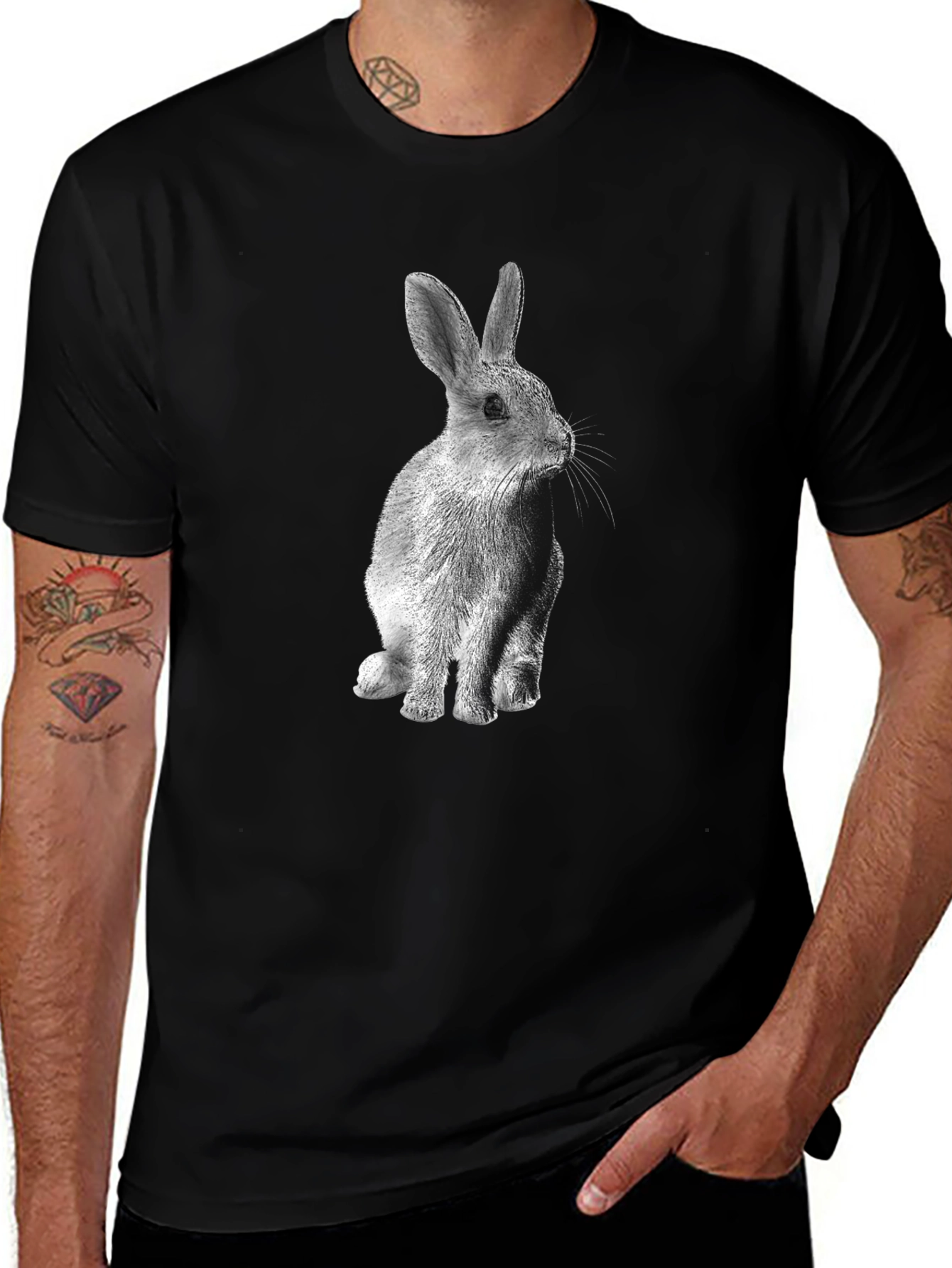 Variant 27 of Rabbit Graphic Print Tee - Men's Black Cotton T-Shirt