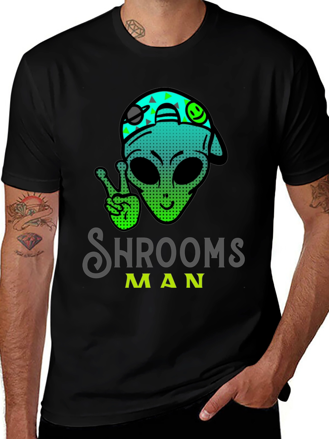 Variant 26 of Shrooms Man Alien Graphic Tee - Black Crew Neck T-Shirt