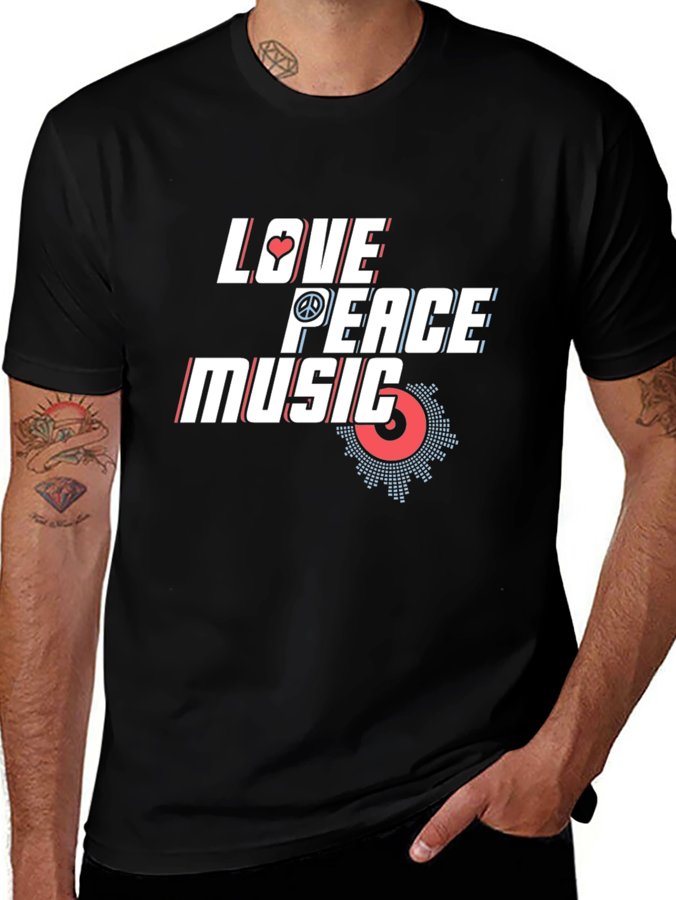 Variant 28 of Love Peace Music Graphic Tee - Stylish Black T-Shirt