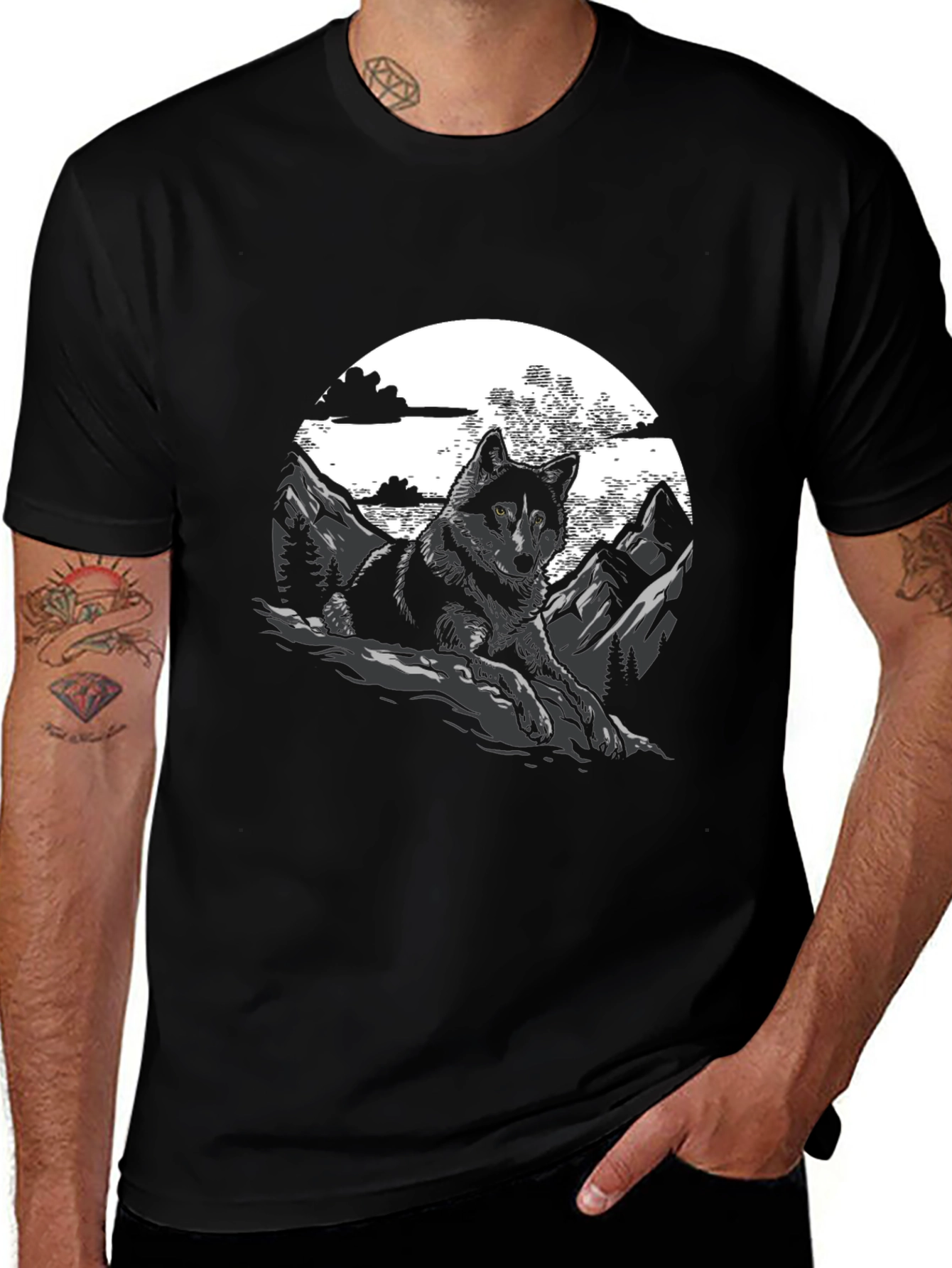Wolf & Mountain Graphic T-Shirt - Stylish Men's Tee