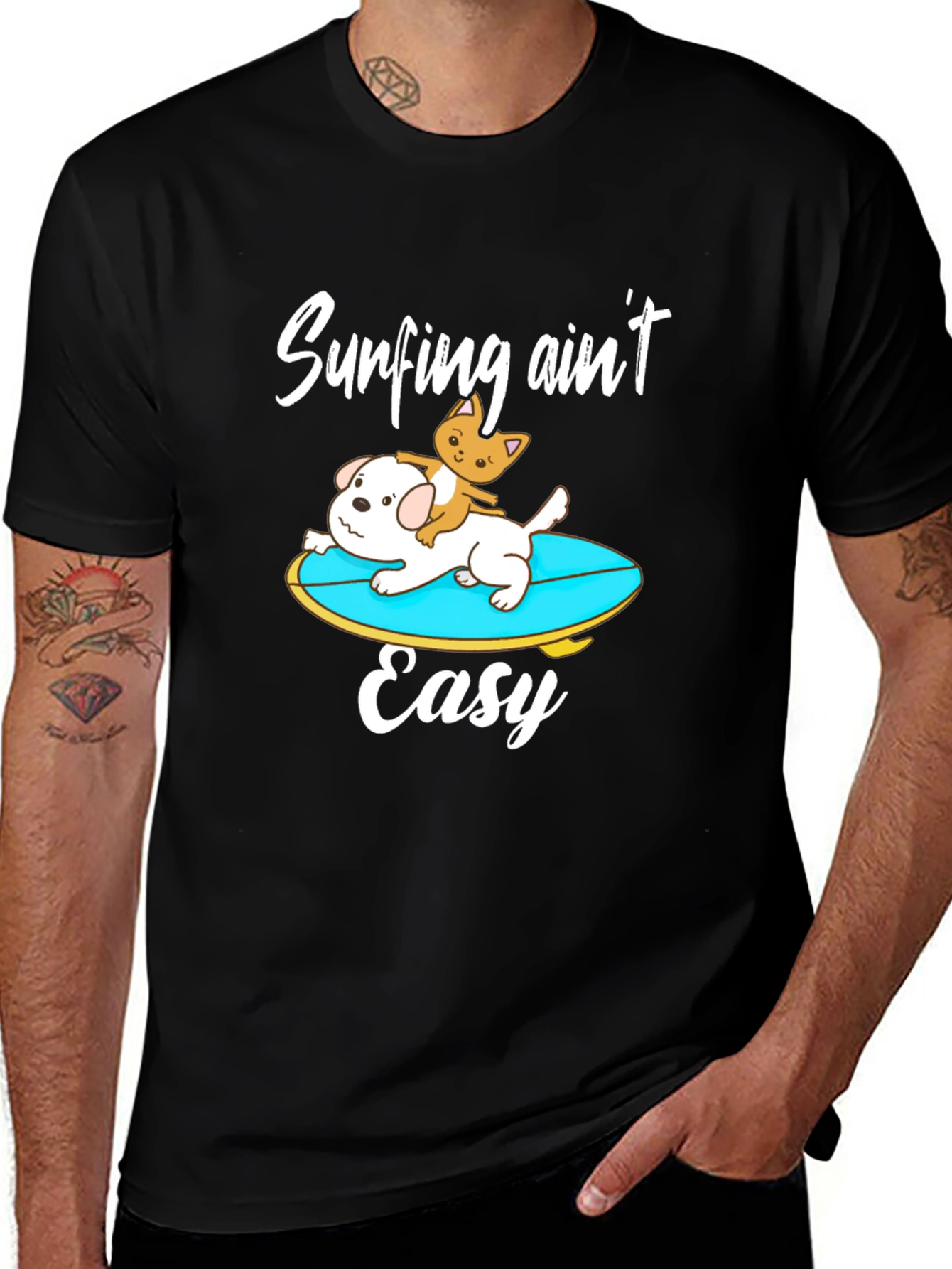 Variant 9 of Surfing Dog & Cat Tee - "Surfing Ain't Easy" Black T-Shirt