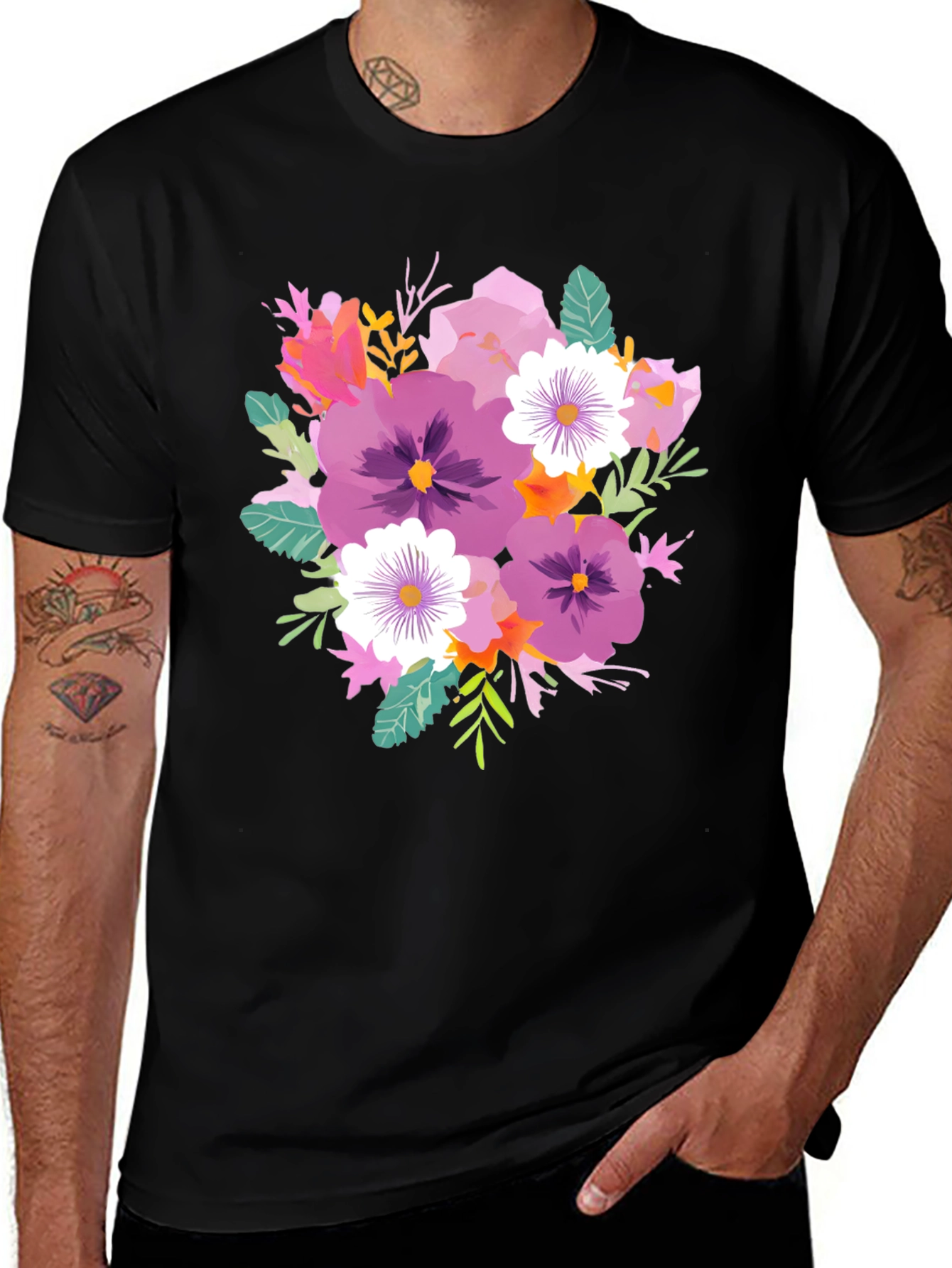 Variant 12 of Floral Bouquet T-Shirt - Black Cotton Tee