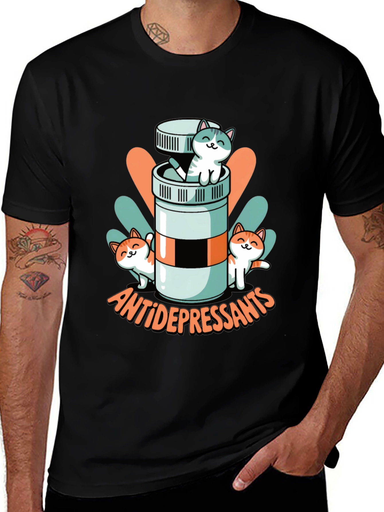 Variant 22 of Antidepressants Cats Black T-Shirt Funny Graphic Tee