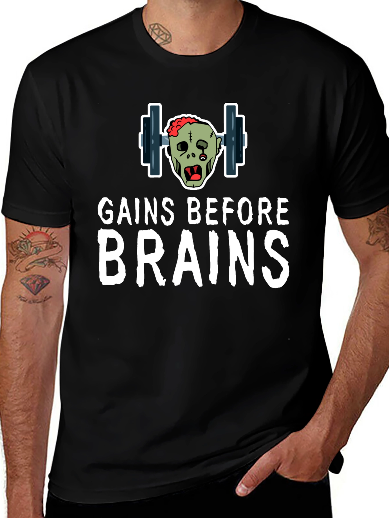 Variant 13 of Gains Before Brains Zombie Gym T-Shirt