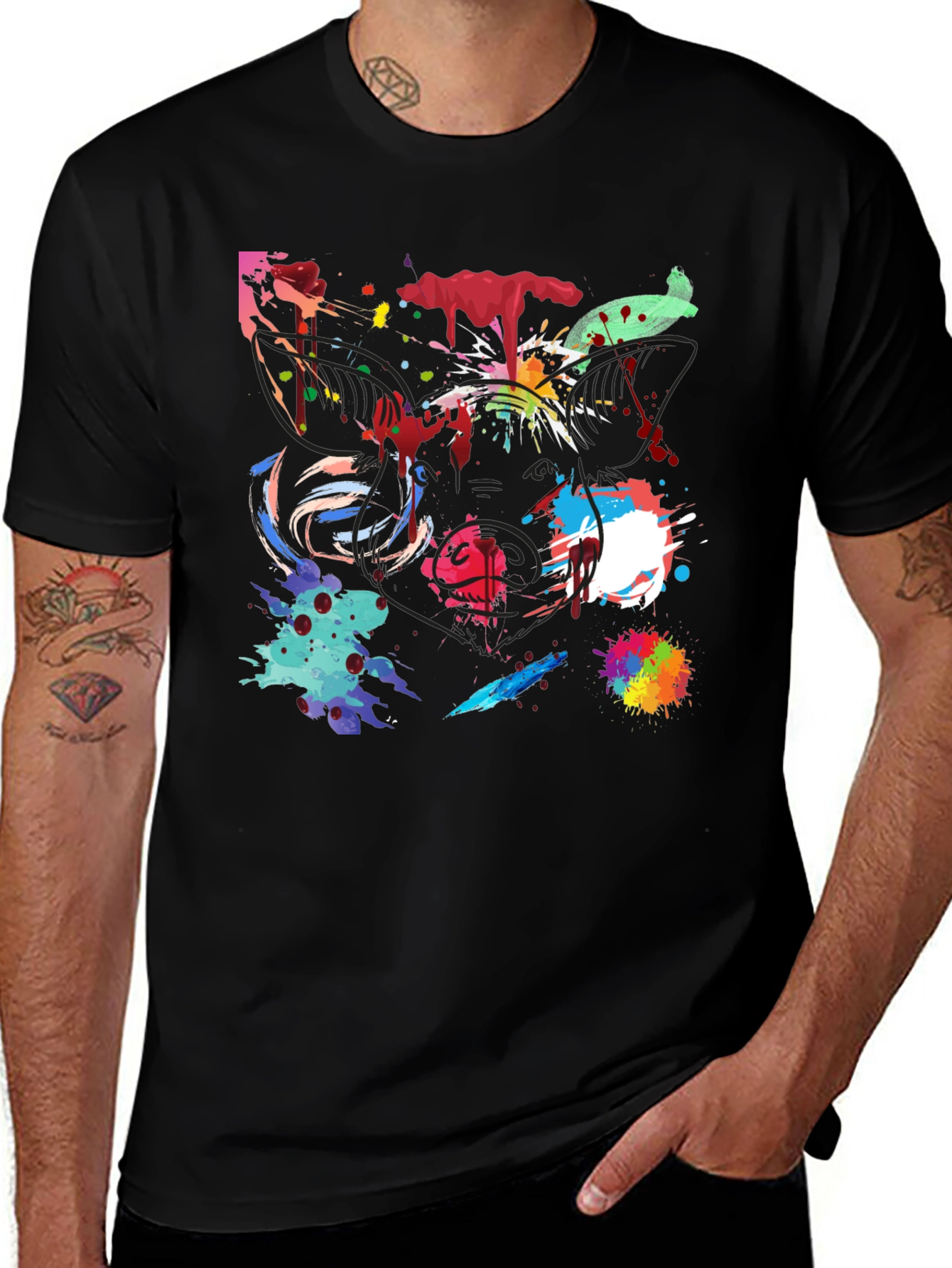 Abstract Paint Splatter Graphic Black T-Shirt