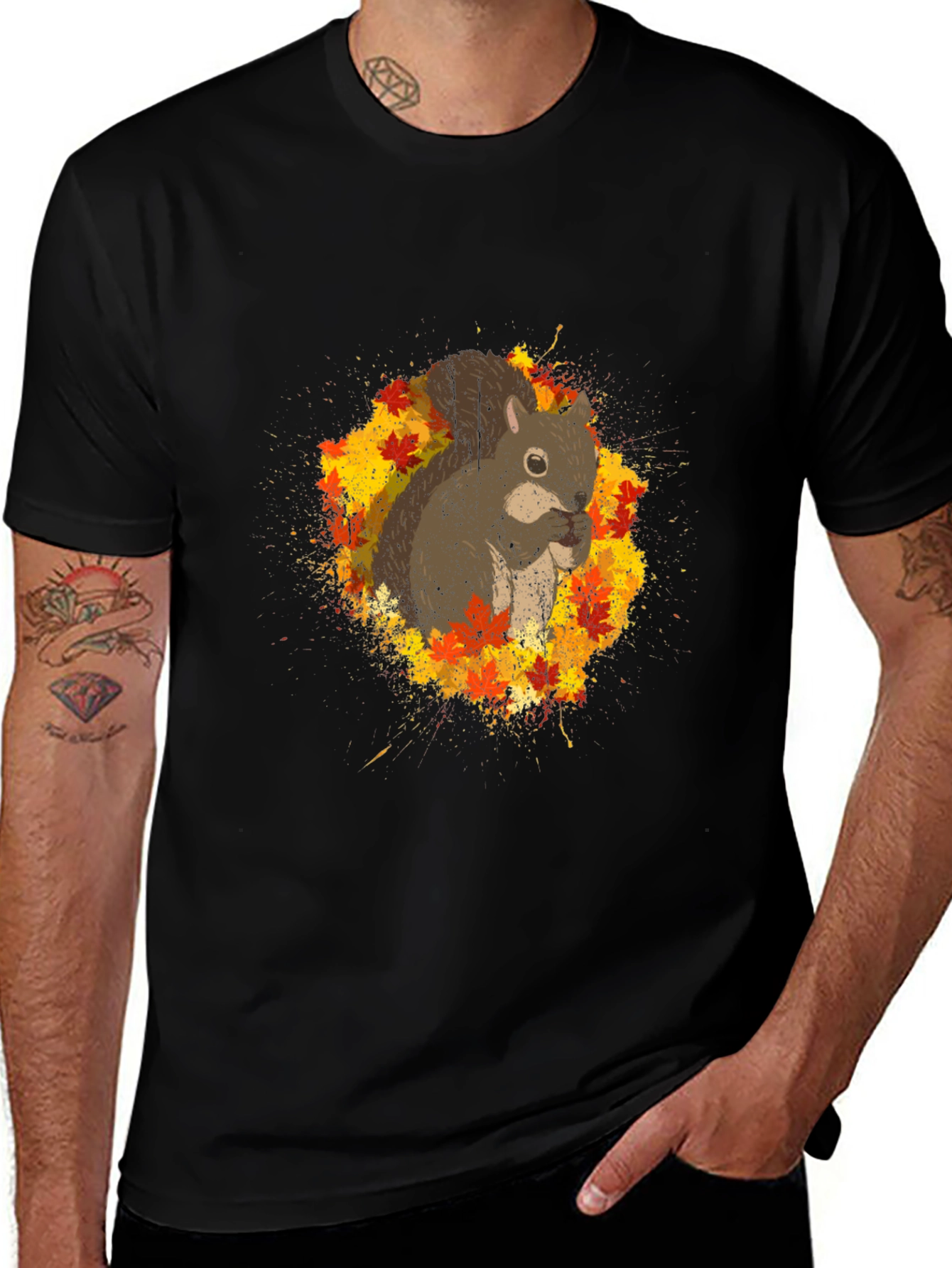 Variant 28 of Squirrel & Autumn Leaves Graphic Black T-Shirt