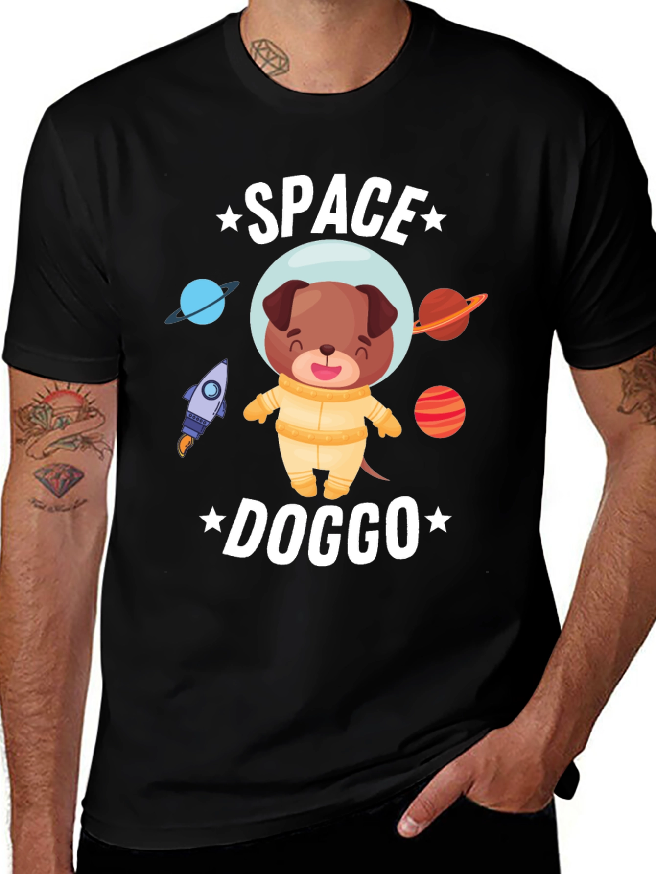 Space Doggo Black T-Shirt - Cute Cartoon Astronaut Dog Tee
