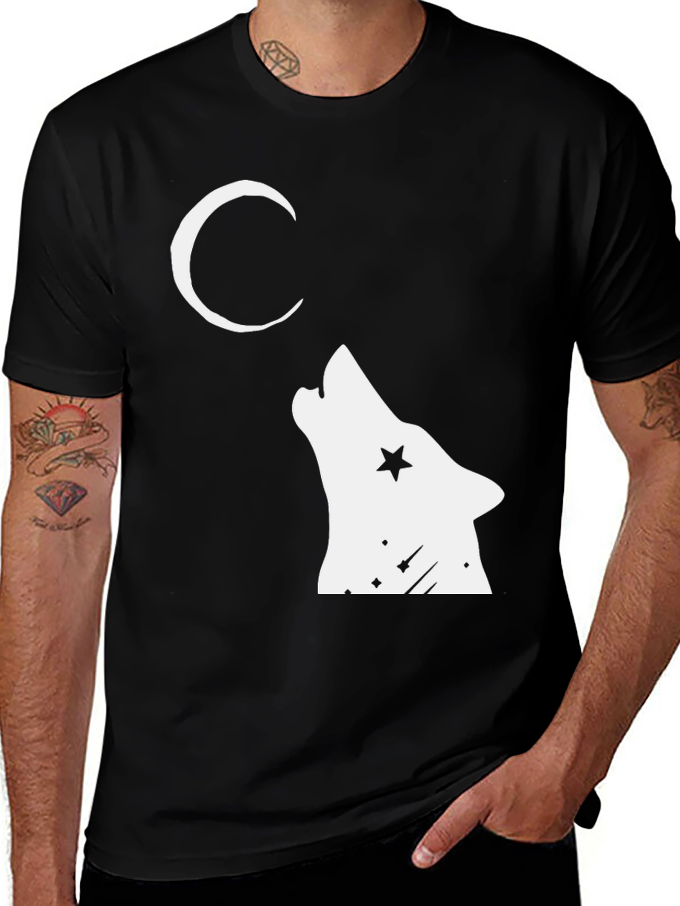 Variant 20 of Wolf Howling at Moon Graphic Tee - Black Cotton Blend