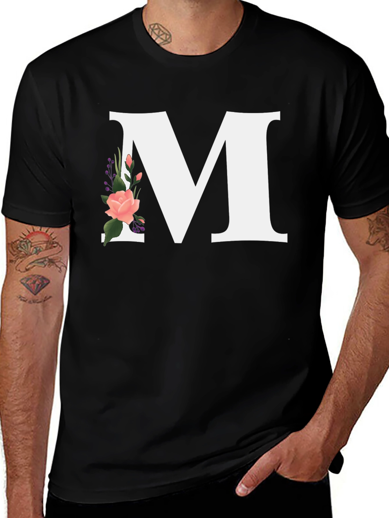 Variant 13 of Letter M Floral Black T-Shirt