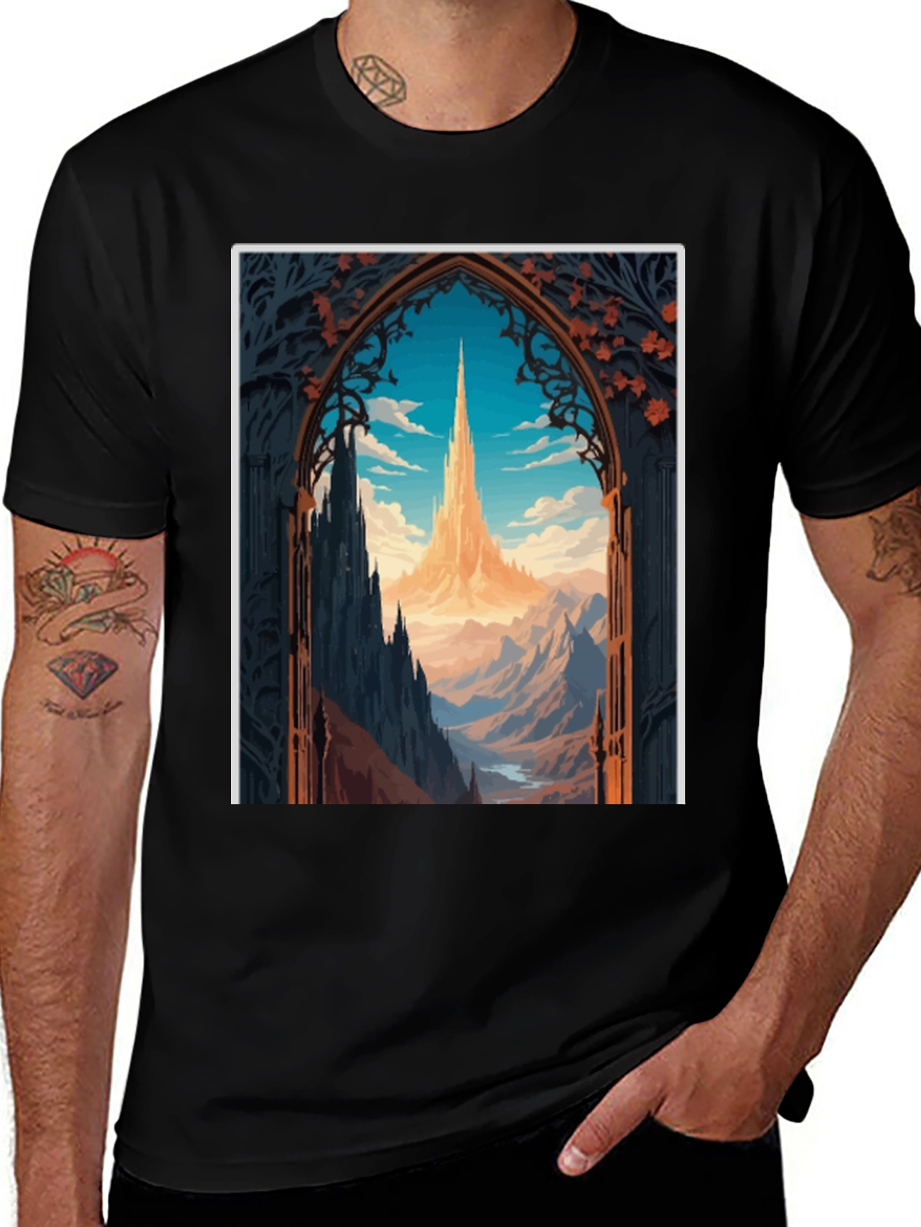 Variant 24 of Fantasy Landscape Graphic Tee - Black Cotton