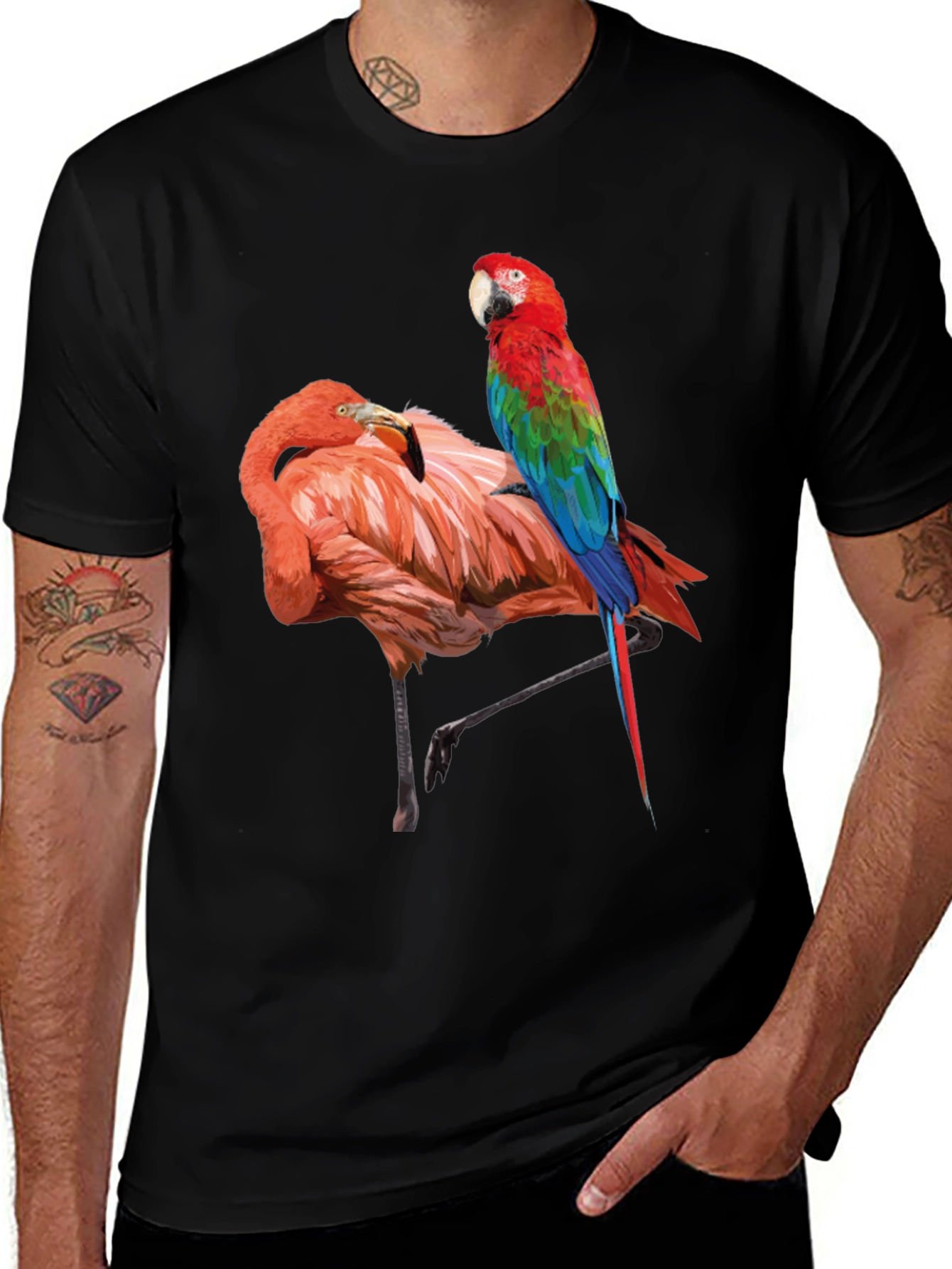 Flamingo Parrot Graphic Tee - Men's Black T-Shirt