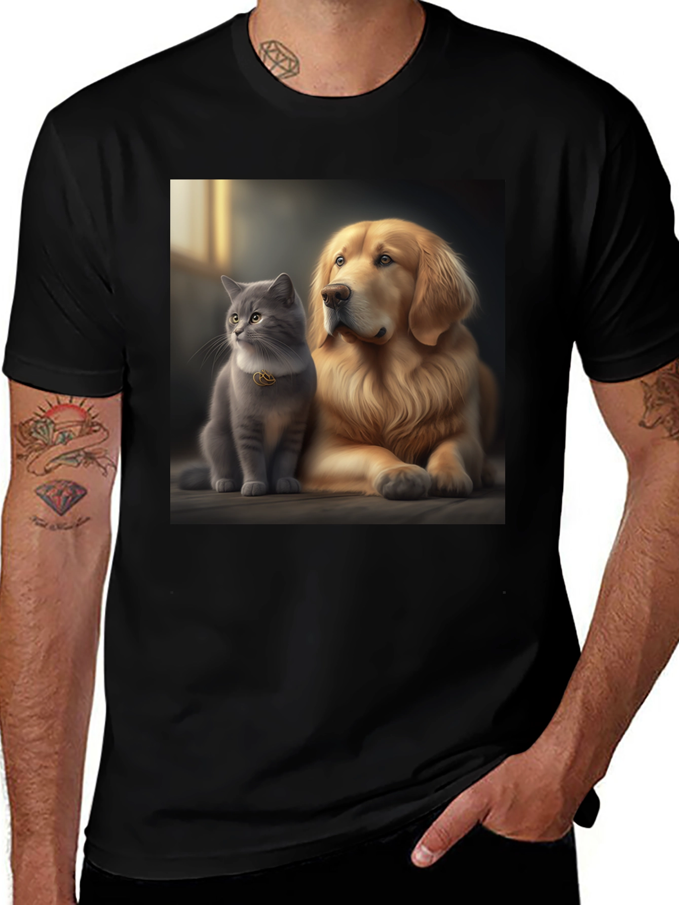Cat and Dog Best Friends Black T-Shirt