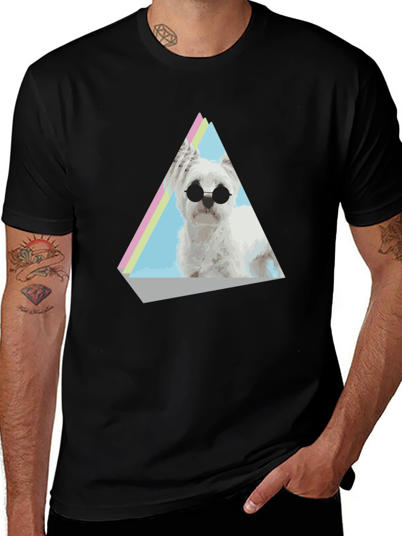 Variant 11 of Dog Graphic Tee - Retro Triangle Design - Black T-Shirt