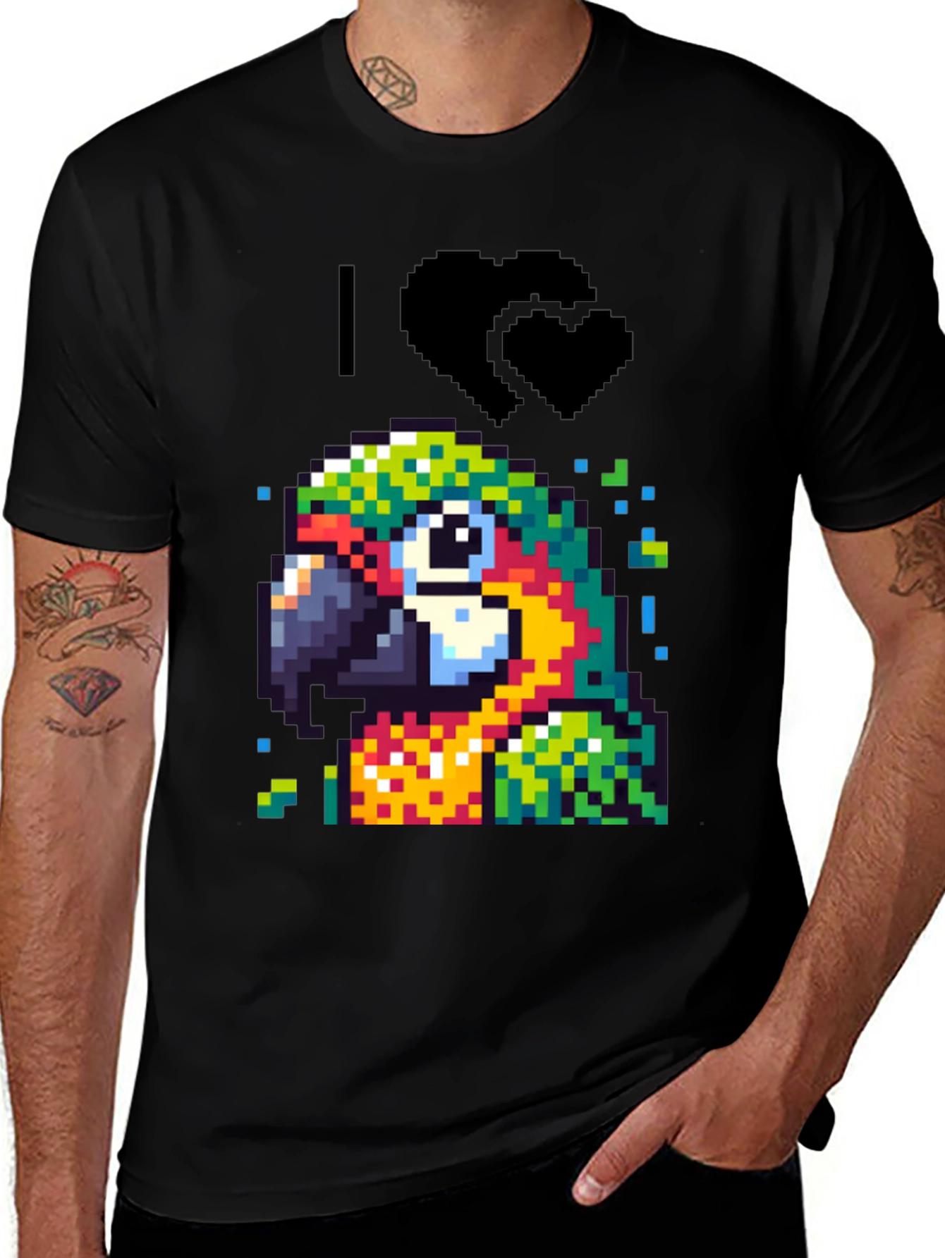 Variant 17 of Pixelated Parrot Tee - I Heart Parrots Black T-Shirt
