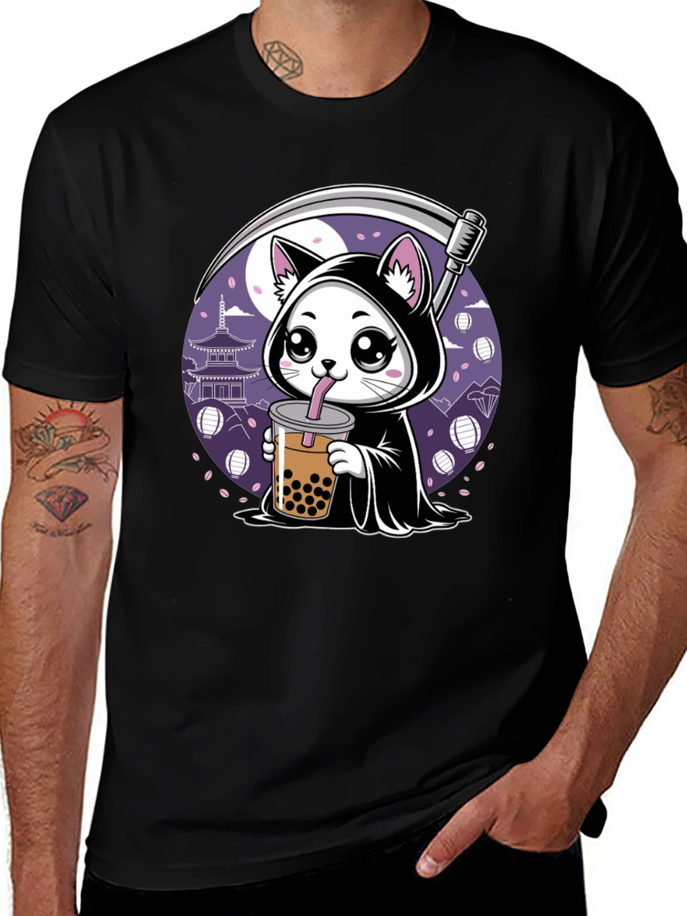 Variant 3 of Grim Reaper Cat Bubble Tea Graphic Tee