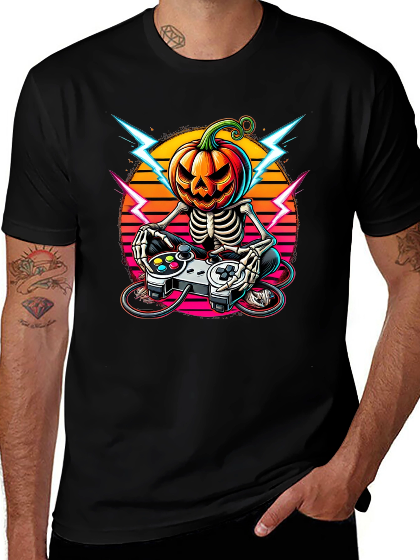 Variant 23 of Halloween Gamer Skeleton Pumpkin Head T-Shirt