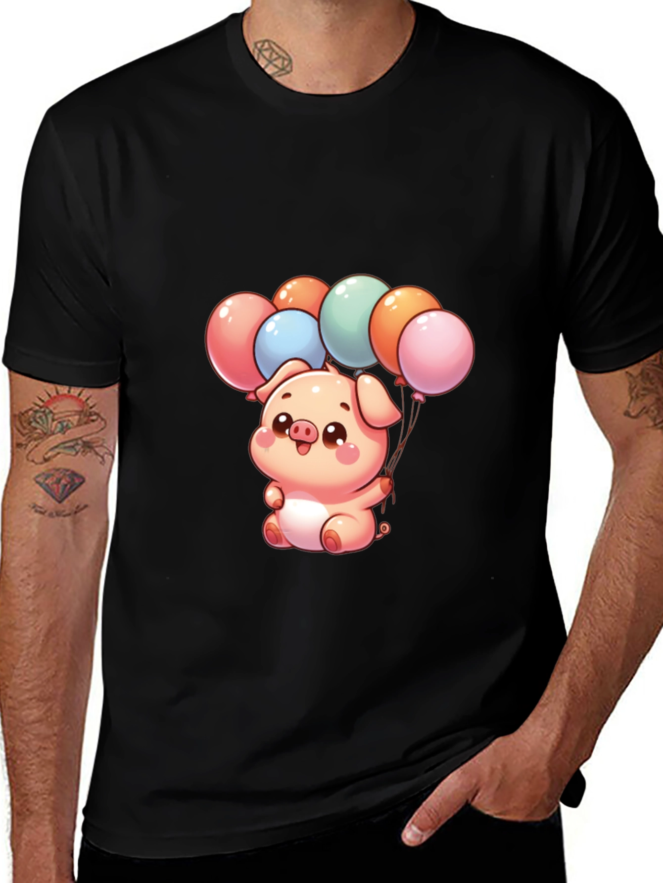 Variant 20 of Cute Pig with Balloons Black T-Shirt