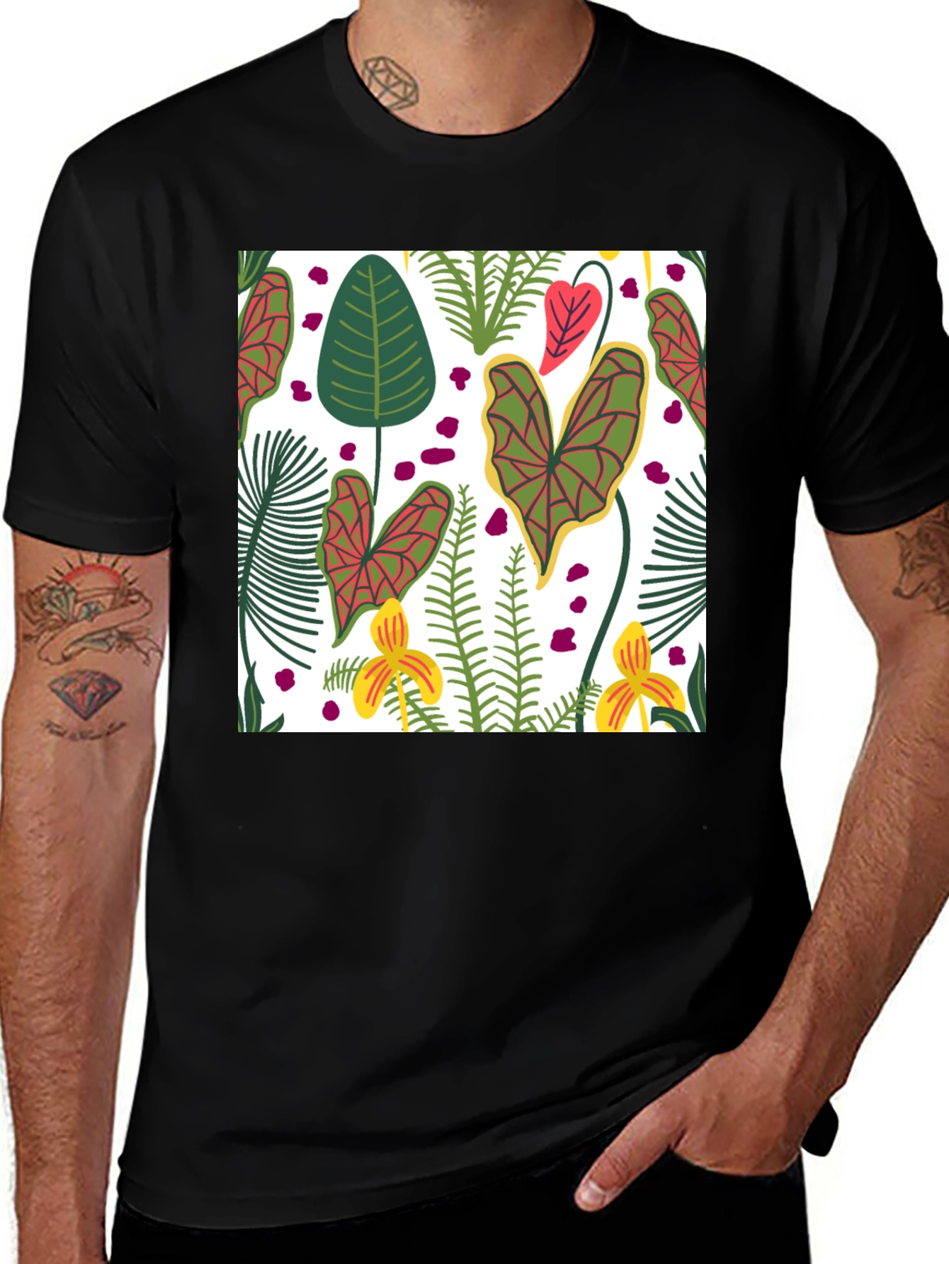 Variant 27 of Tropical Print Black T-Shirt