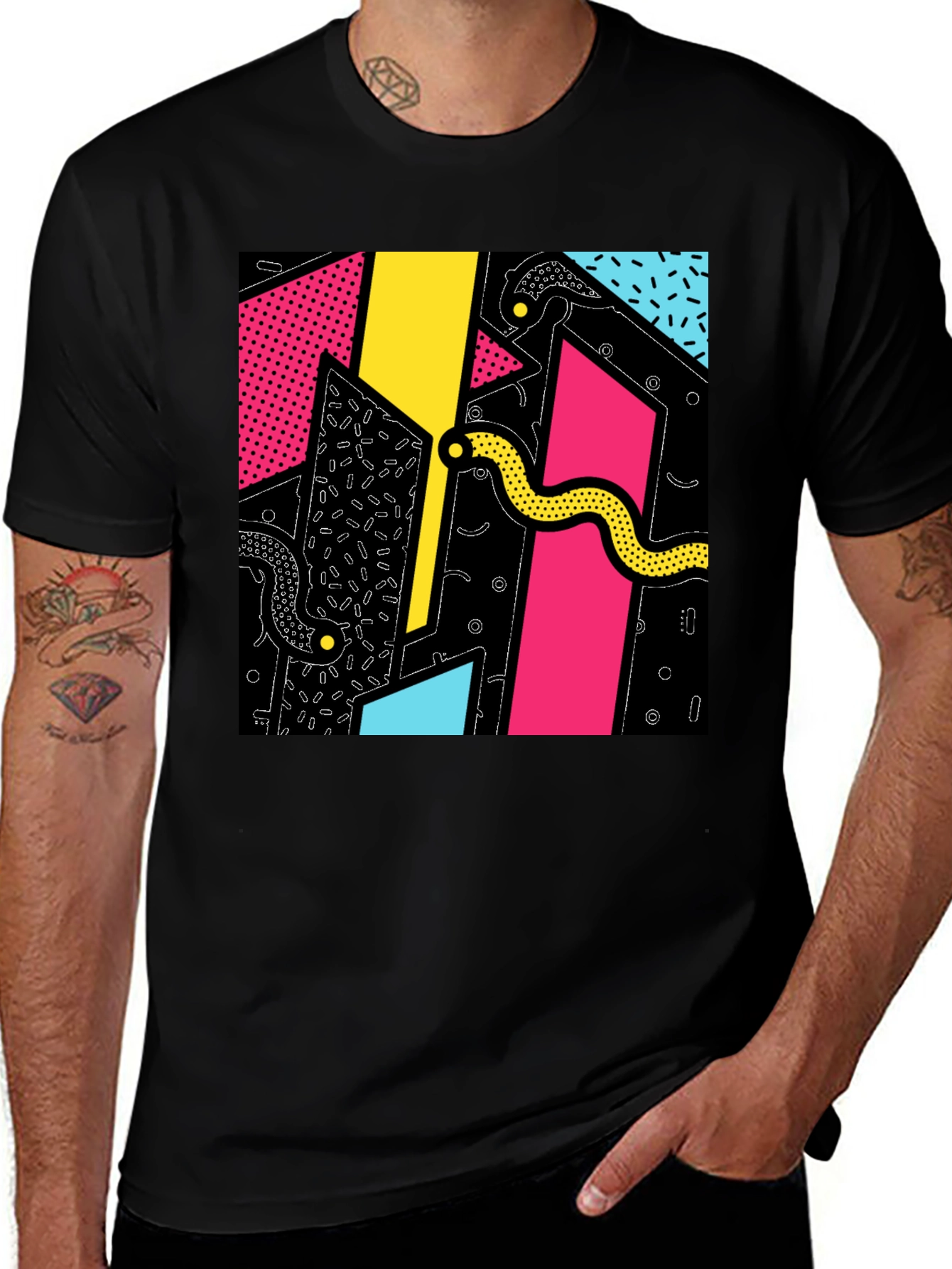 Variant 7 of Retro Geometric Graphic Print Black T-Shirt