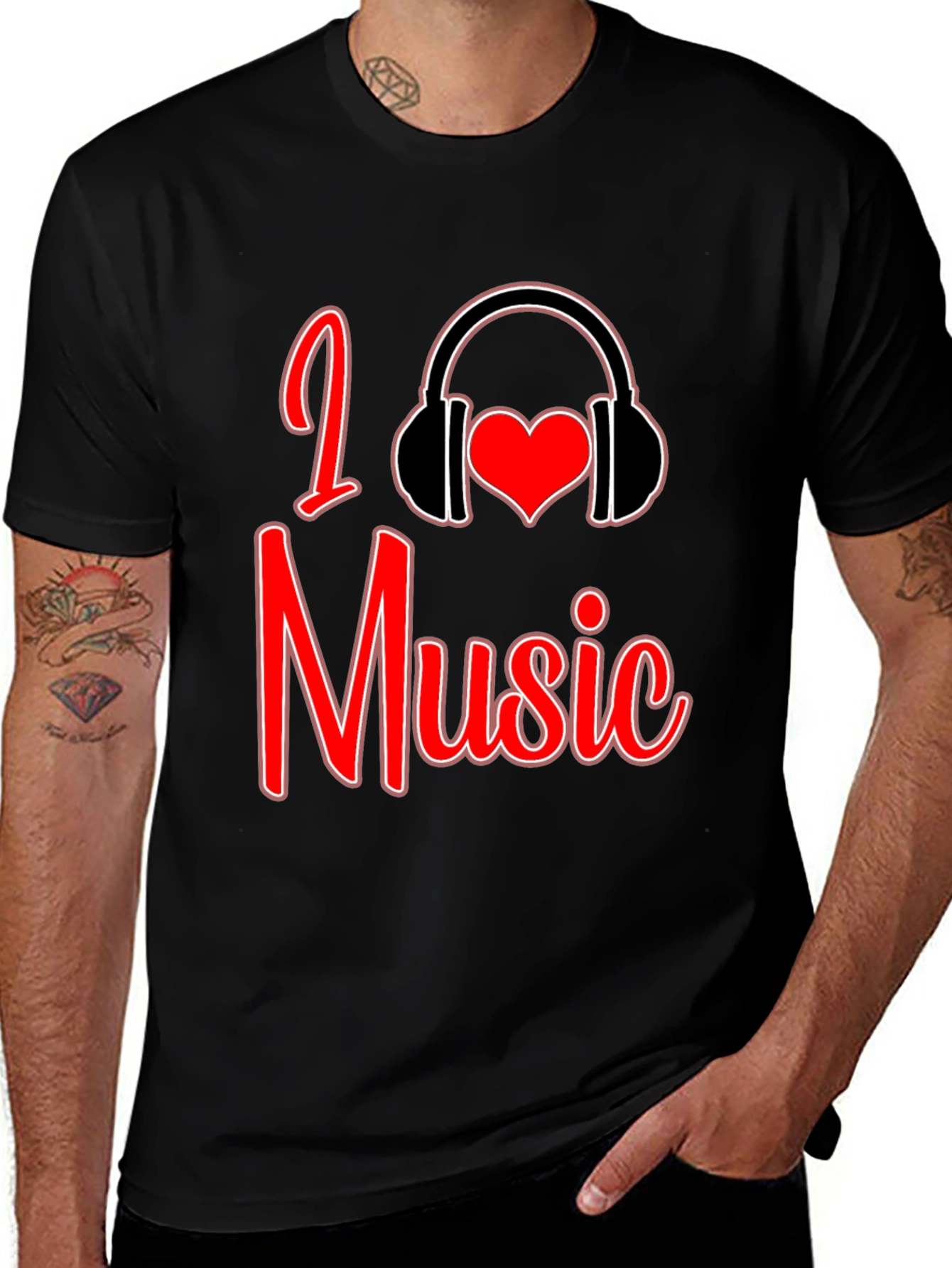 Variant 6 of I Love Music Graphic Print Black T-Shirt