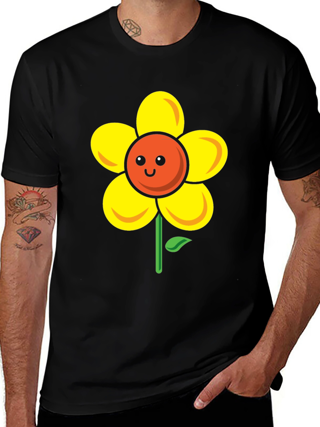 Variant 16 of Smiling Flower Graphic Tee - Black Cotton Blend