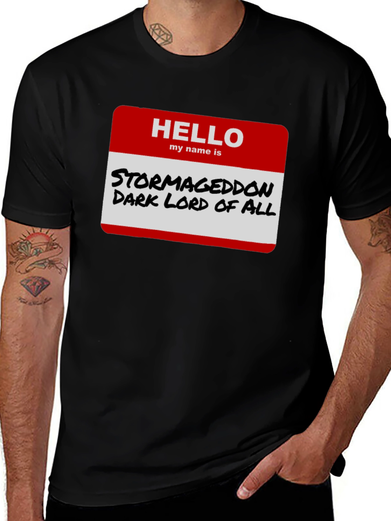 Variant 3 of Stormageddon Dark Lord T-Shirt Funny Hello Name Tag Tee