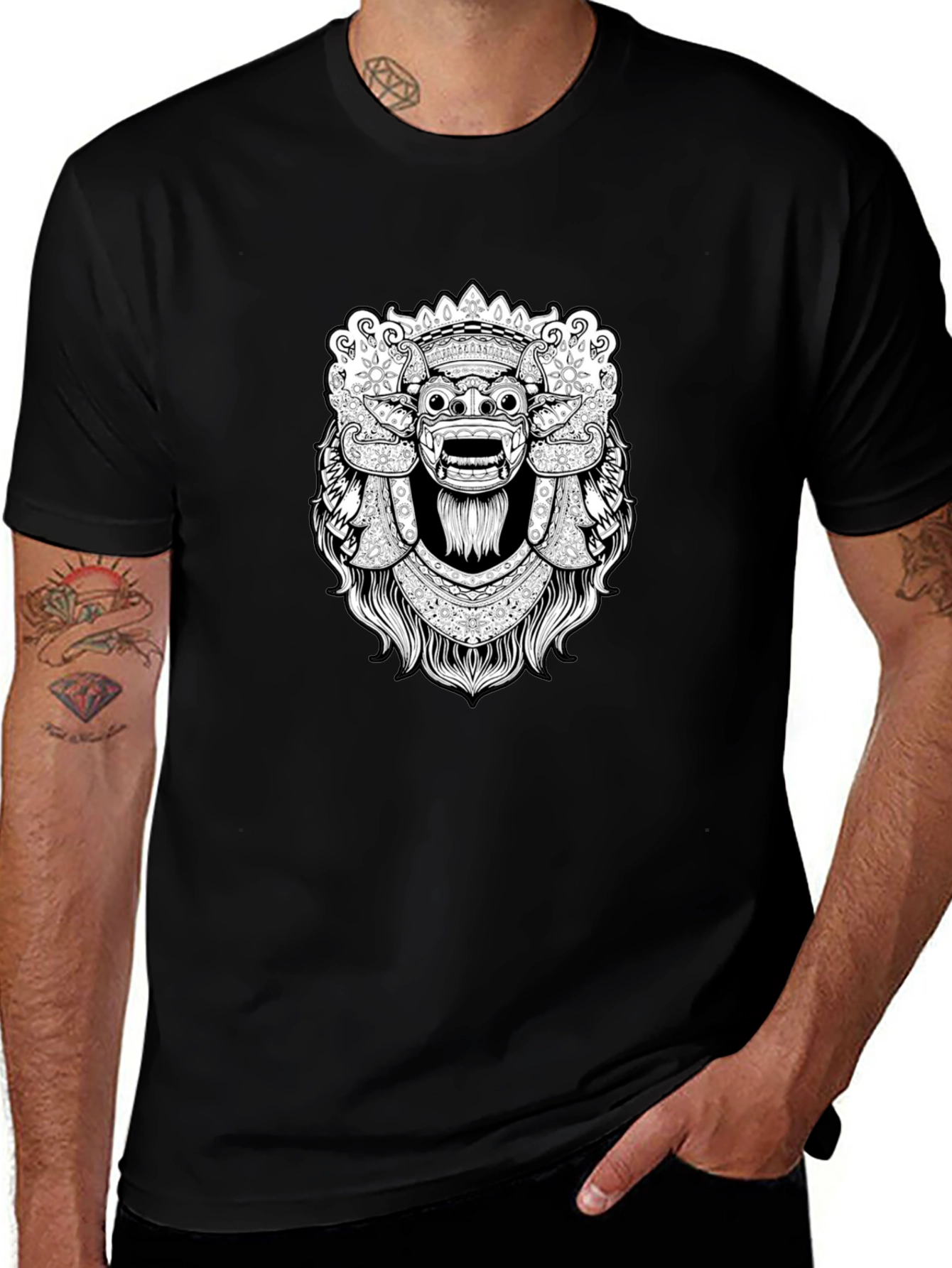Variant 6 of Black Graphic Tee - Balinese Barong Mask Design