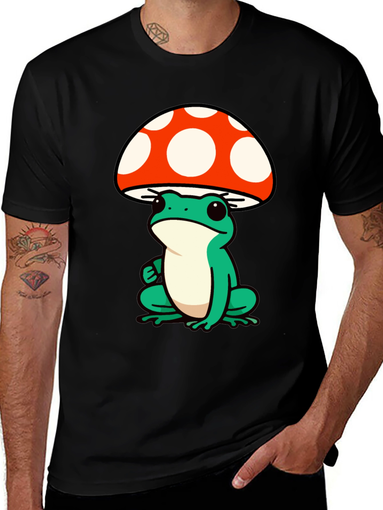 Variant 25 of Frog Mushroom Graphic Tee - Black Cotton T-Shirt