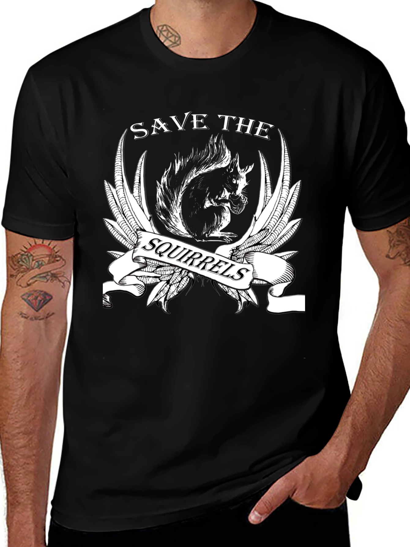 Variant 18 of Save the Squirrels Graphic T-Shirt - Black Cotton Tee