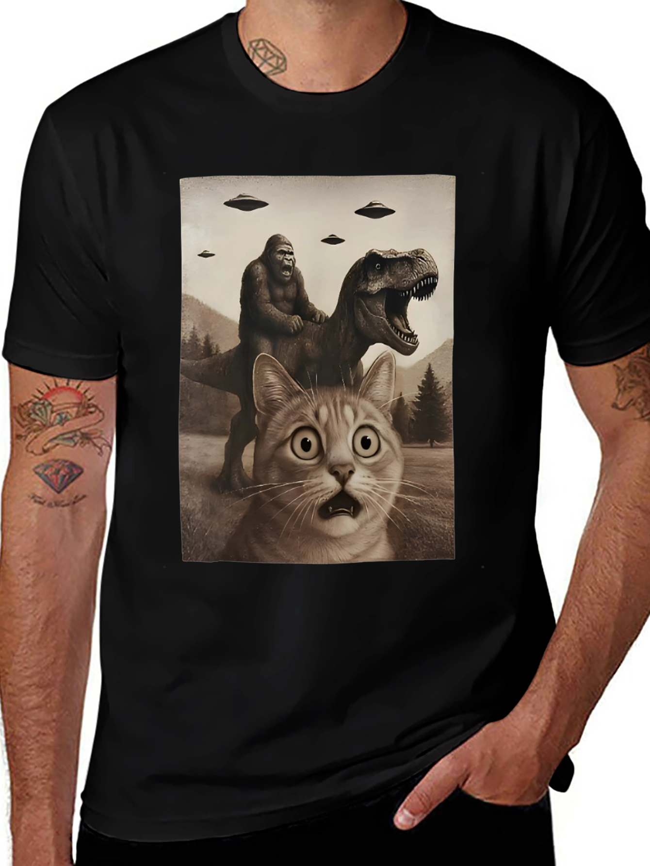 Variant 17 of Surreal Graphic Tee: Ape Riding Dino, Scared Cat, UFOs