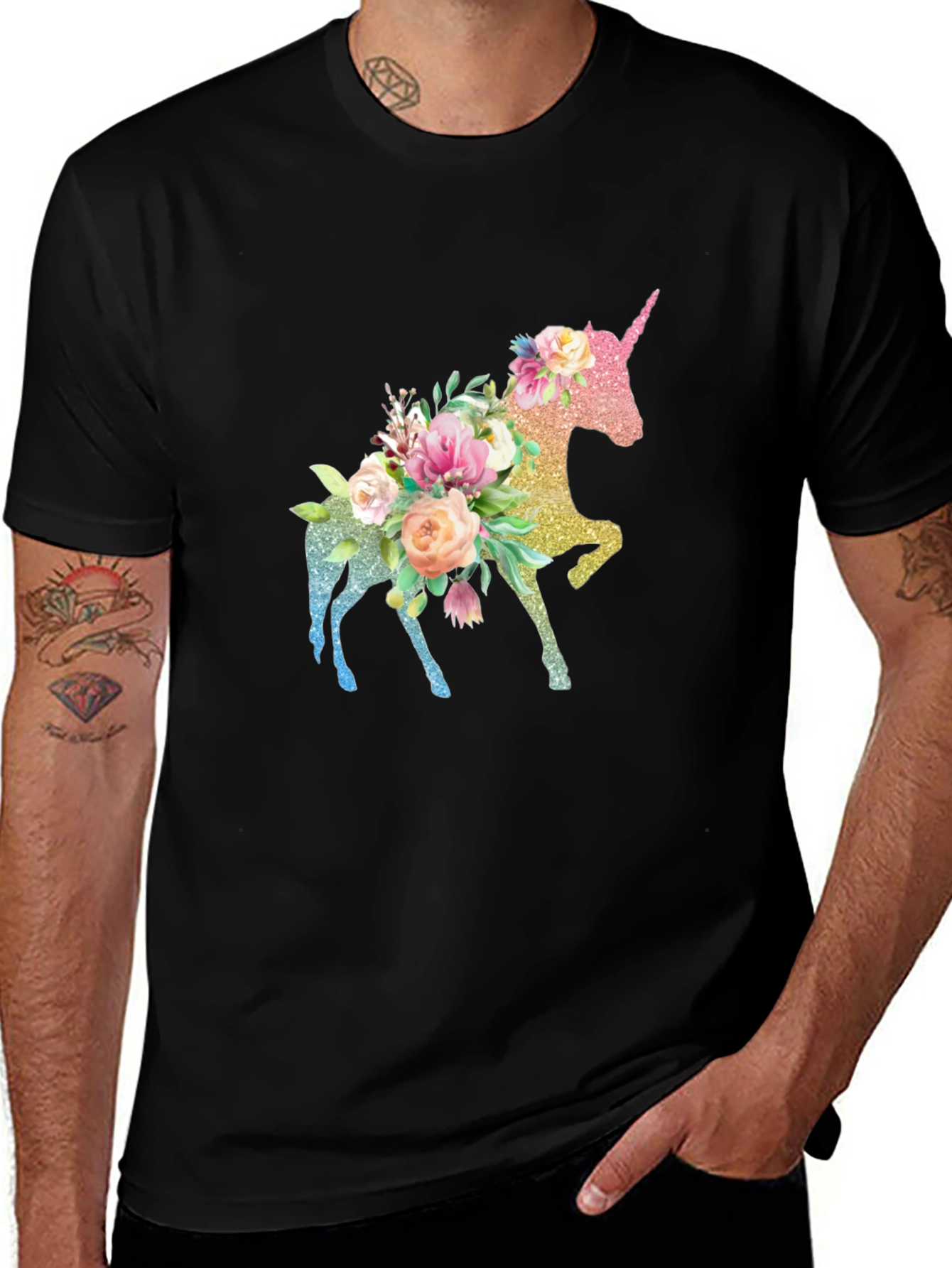 Floral Unicorn Black T-Shirt - Magical Graphic Tee