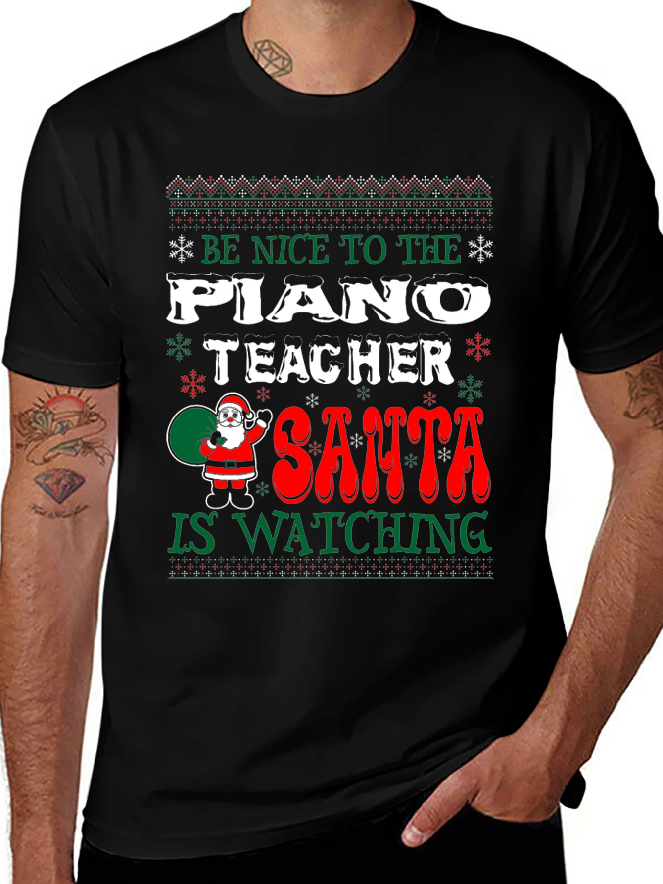 Funny Christmas Piano Teacher Santa Watching T-Shirt