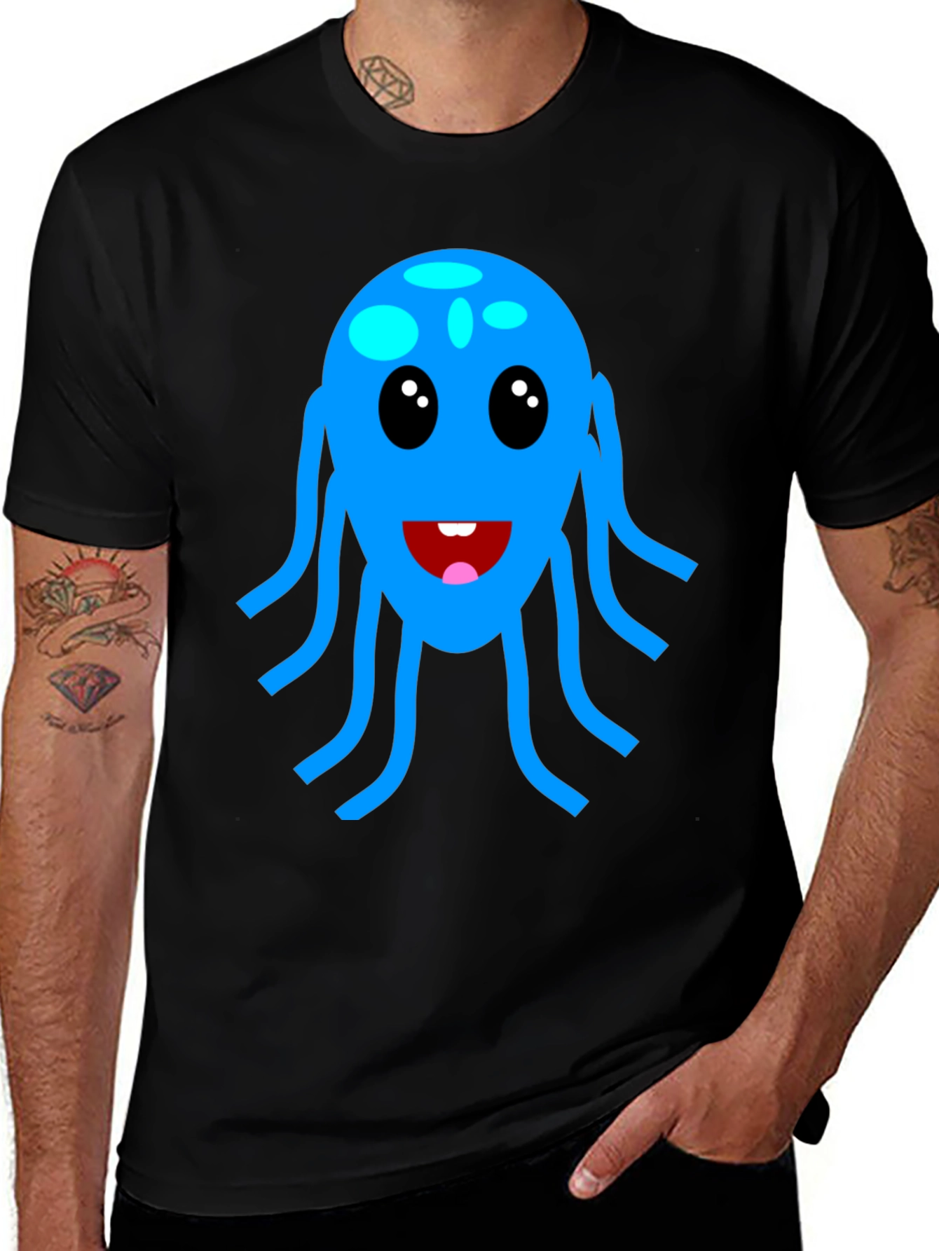 Variant 29 of Cartoon Octopus Graphic T-Shirt - Black Cotton Tee