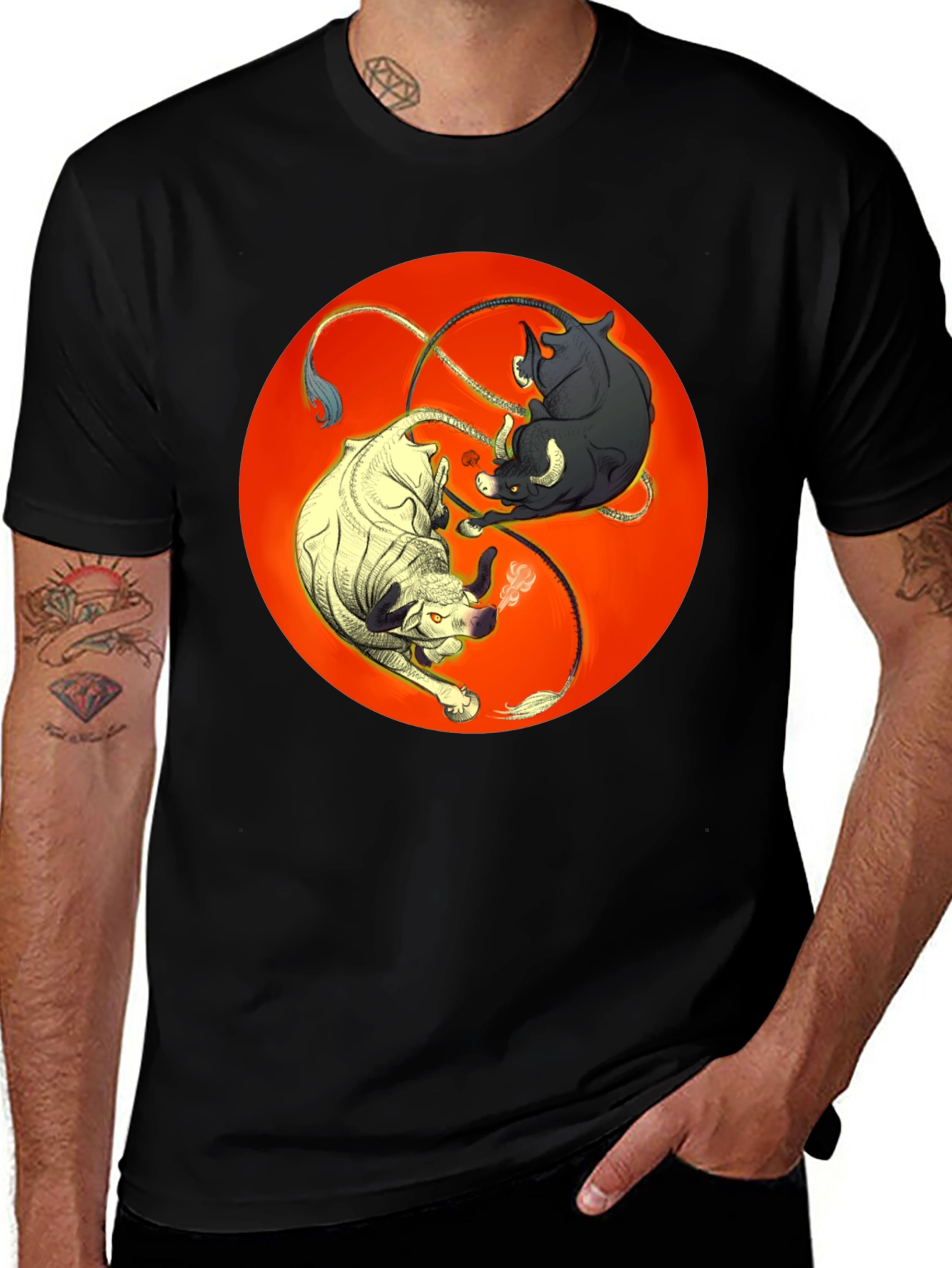 Variant 4 of Yin Yang Bulls Graphic Tee - Unique Black T-Shirt