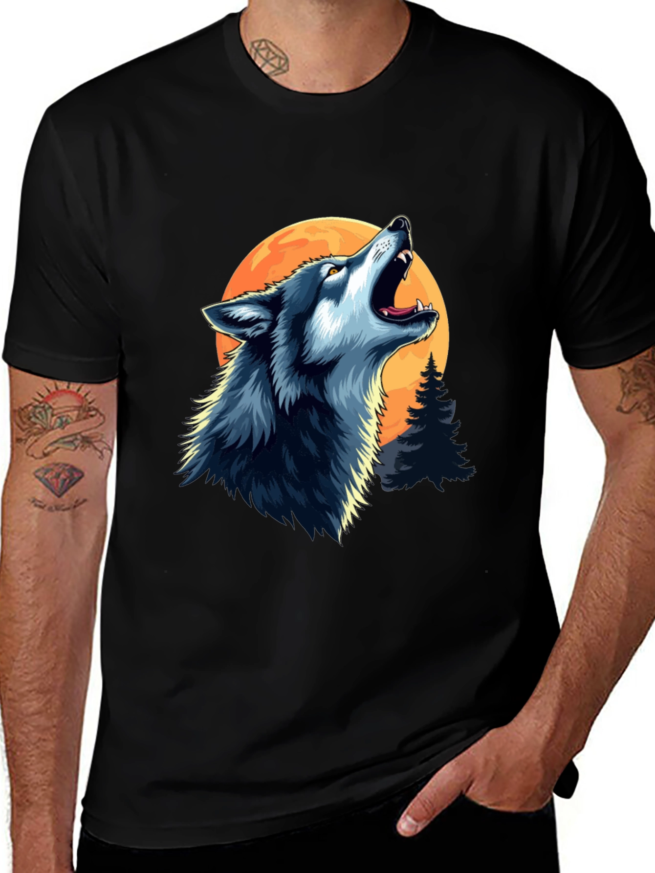 Variant 14 of Wolf Howling at Moon Black Graphic Tee
