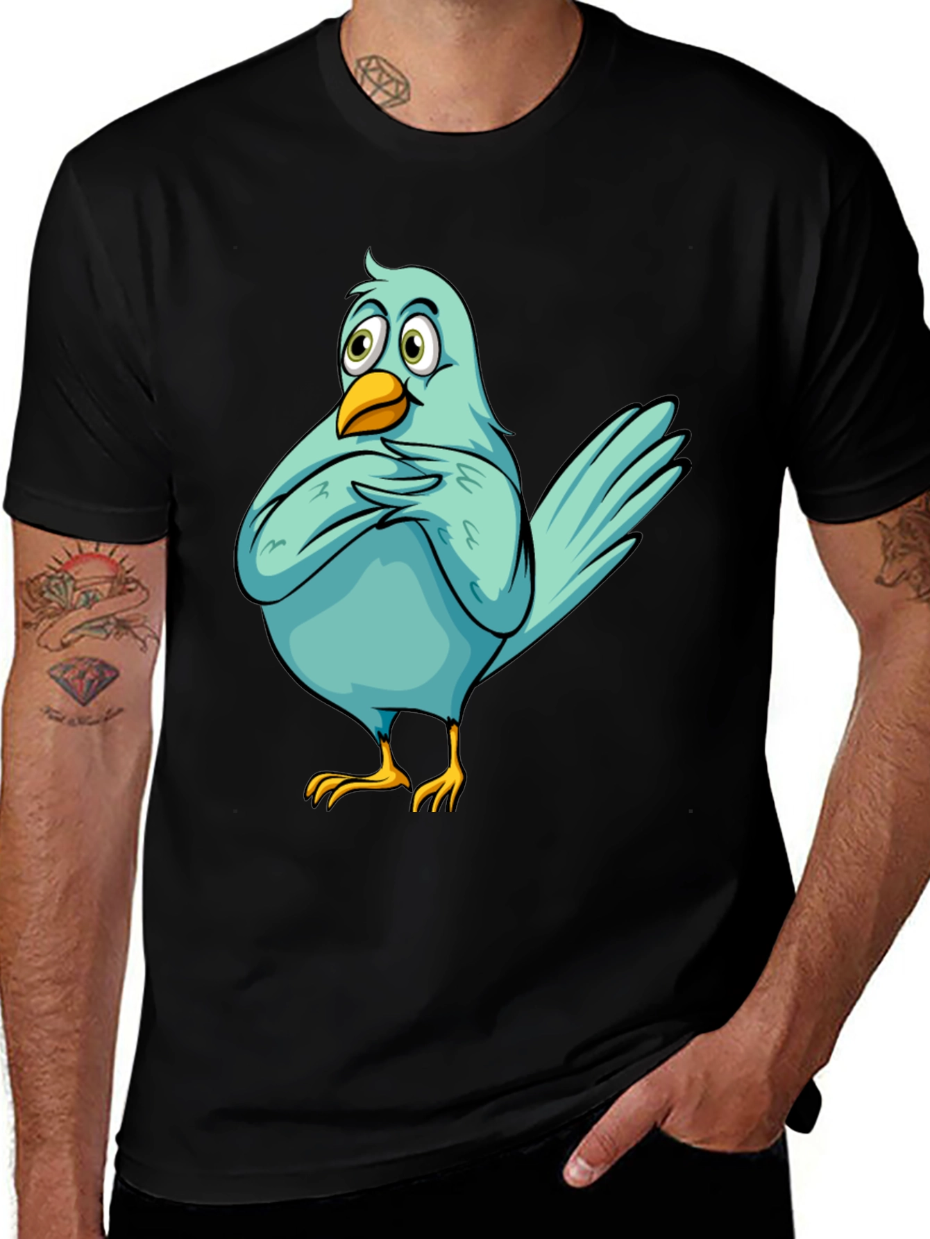 Funny Cartoon Bird Graphic T-Shirt - Black