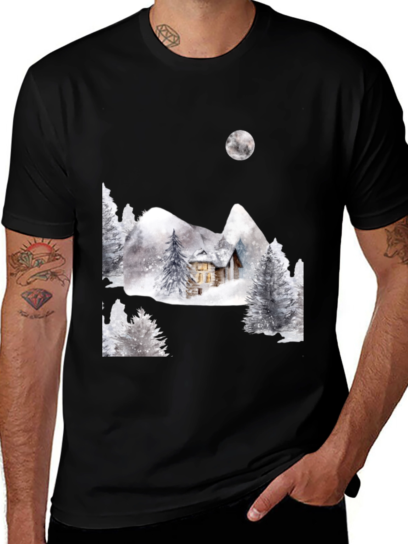 Black Winter Cabin Scene Black T-Shirt main image