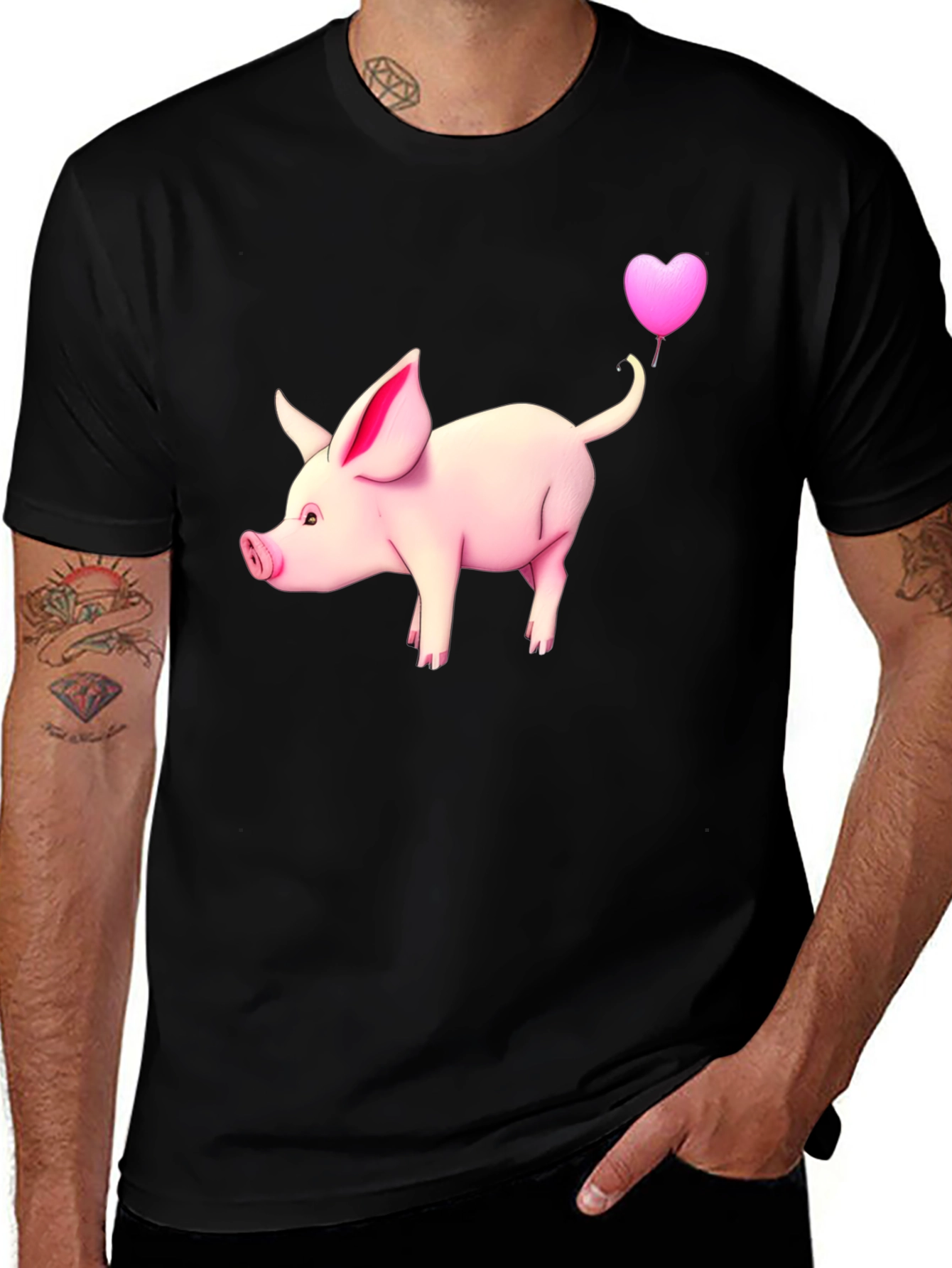 Variant 10 of Pig with Heart Balloon Black T-Shirt