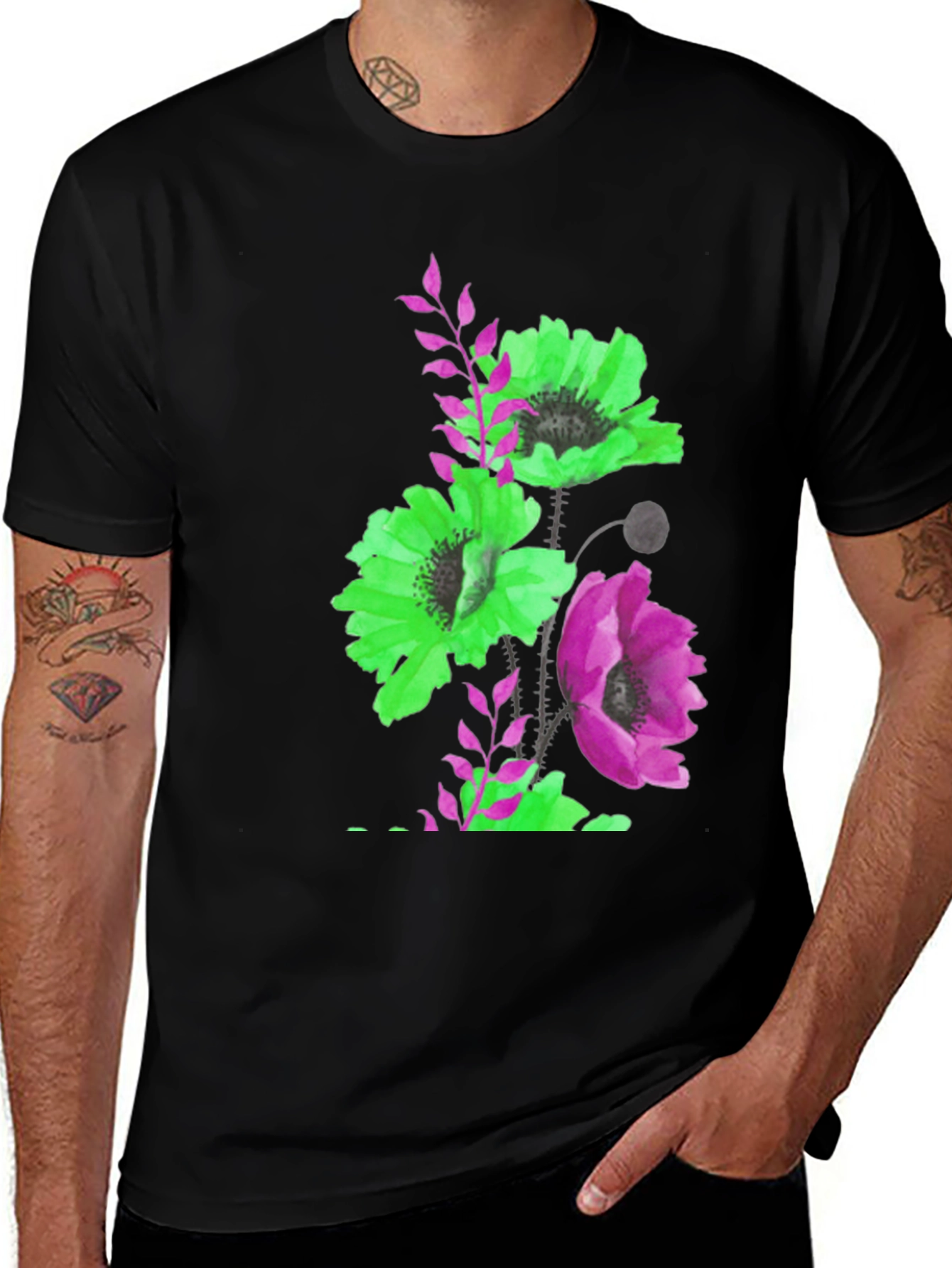 Variant 24 of Floral Print Men's Black T-Shirt