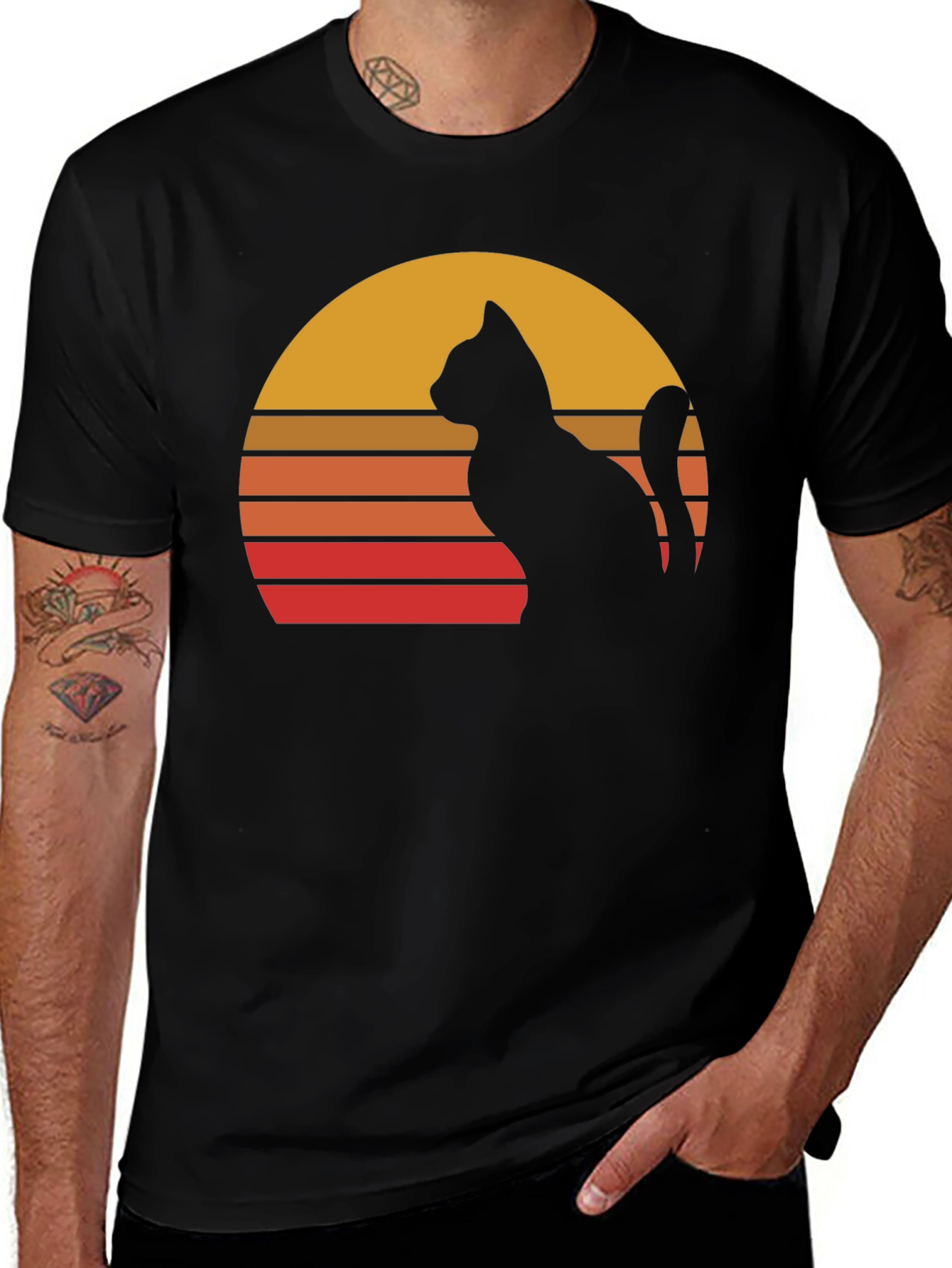 Variant 30 of Retro Cat Sunset Graphic Tee - Black Cotton Blend Shirt