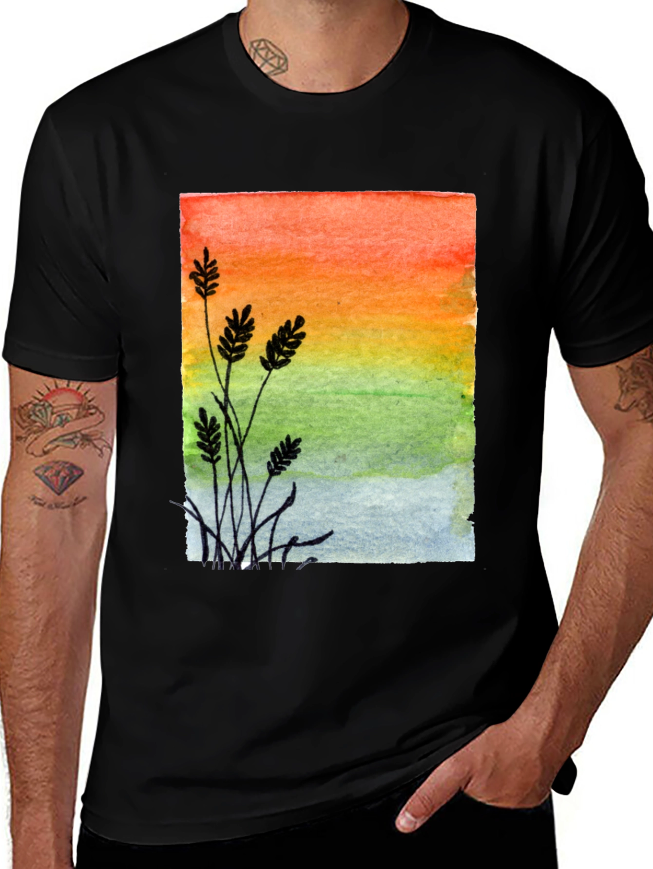 Variant 13 of Watercolor Sunrise Graphic Tee - Stylish Men's Black T-Shirt