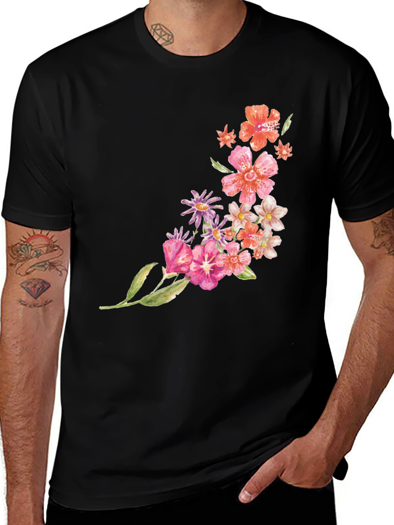 Black Floral Print Crew Neck T-Shirt - Casual Style main image