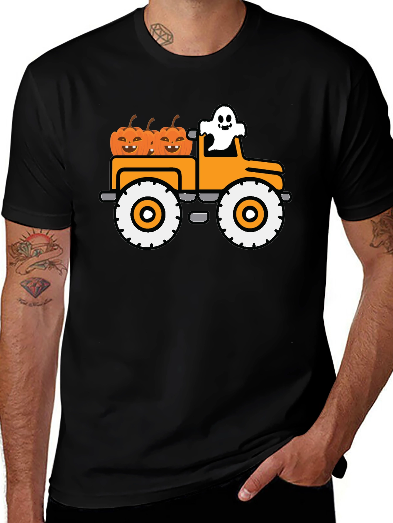 Black Halloween Ghost Pumpkin Truck T-Shirt main image