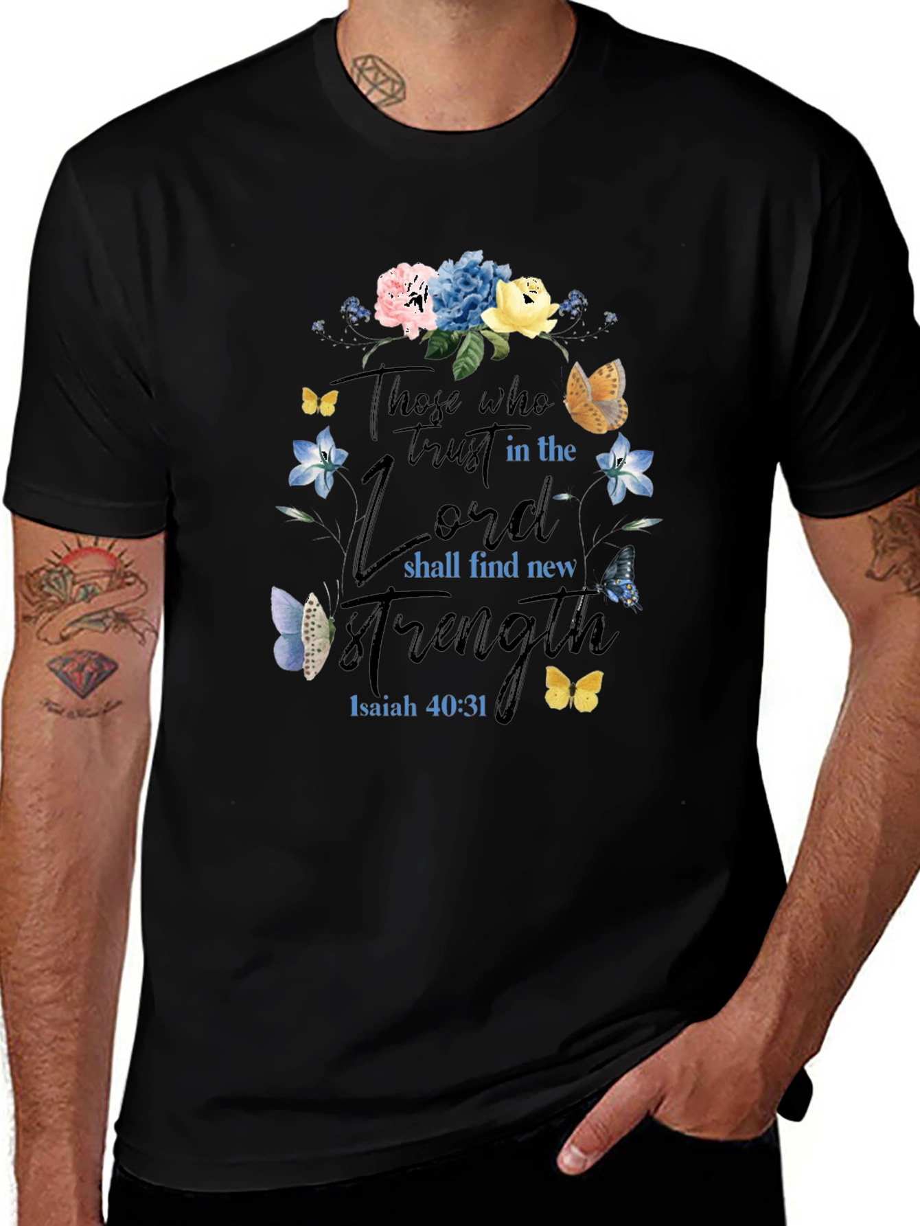 Black Faith-Based Floral T-Shirt - Isaiah 40:31 main image