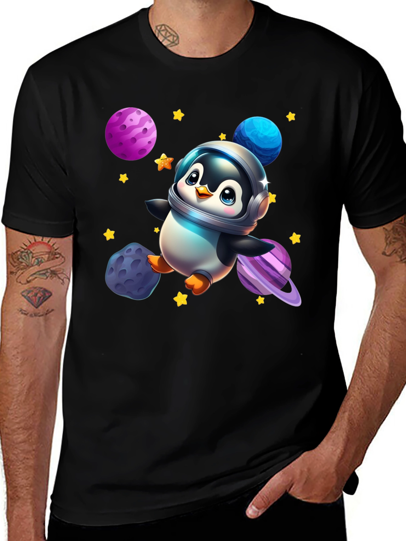 Variant 2 of Astronaut Penguin Black T-Shirt