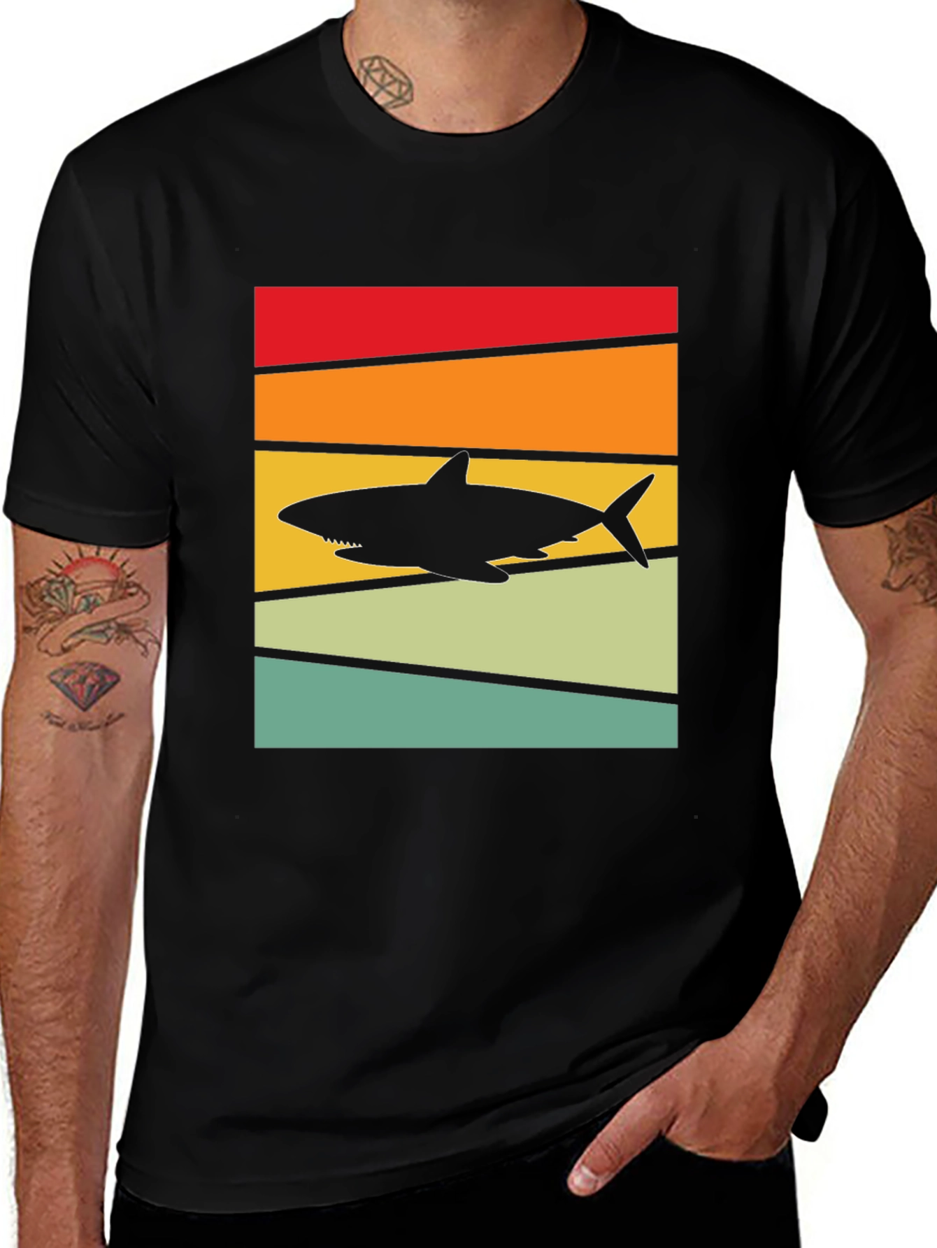 Variant 18 of Retro Shark Sunset T-Shirt - Black Cotton Tee