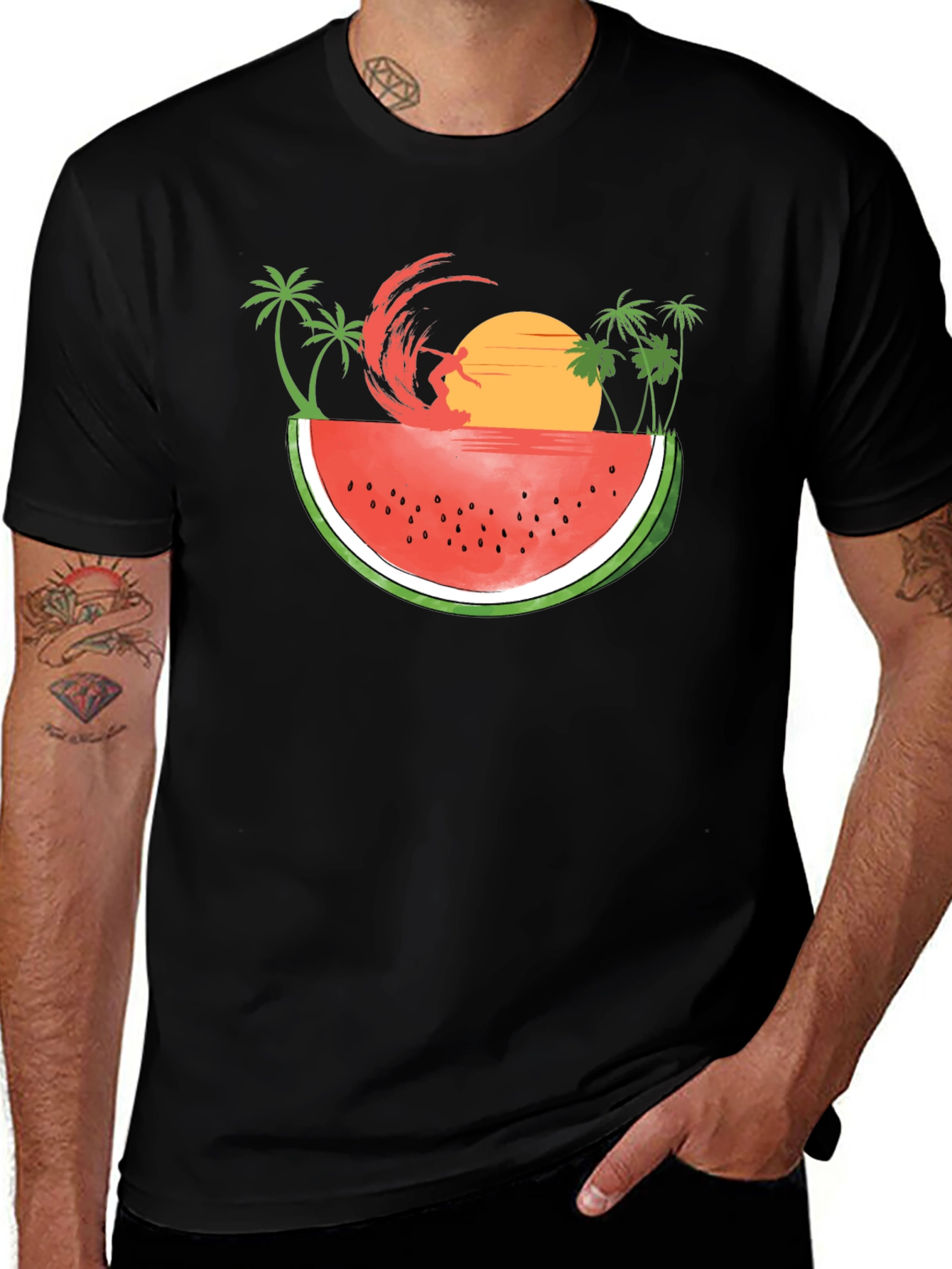 Variant 26 of Surfing Watermelon Graphic Tee - Summer Vibes!