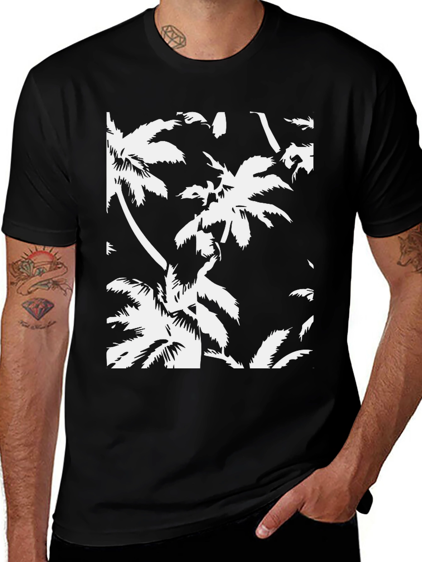 Variant 17 of Tropical Palm Tree Print Black T-Shirt