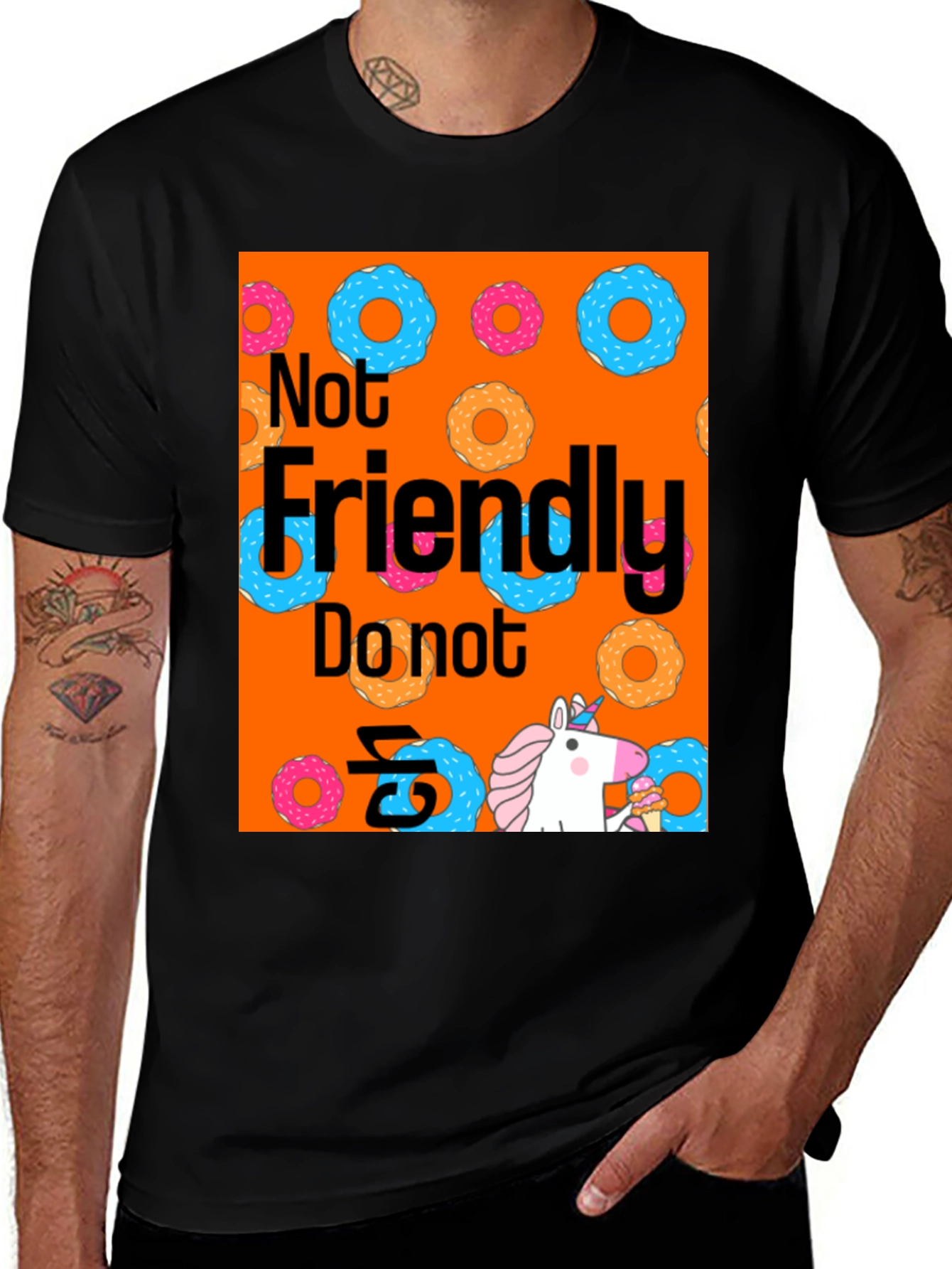 Variant 22 of Unicorn & Donut "Not Friendly" Graphic Tee - Black